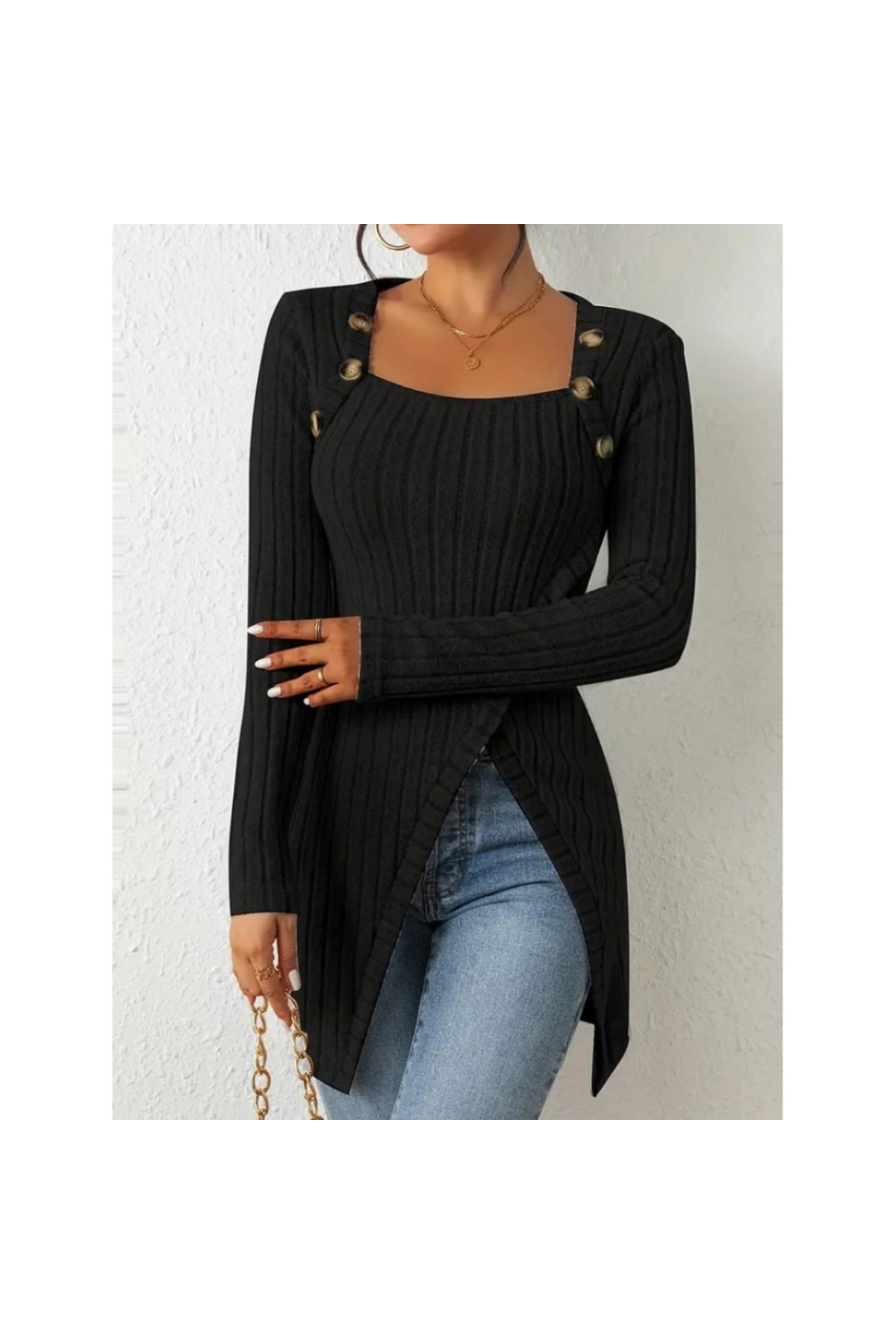 Kadın Uzun Kollu Derin Kare Yaka Düğme Detay şardonlu Kaşkorse Kruvaze Bluz