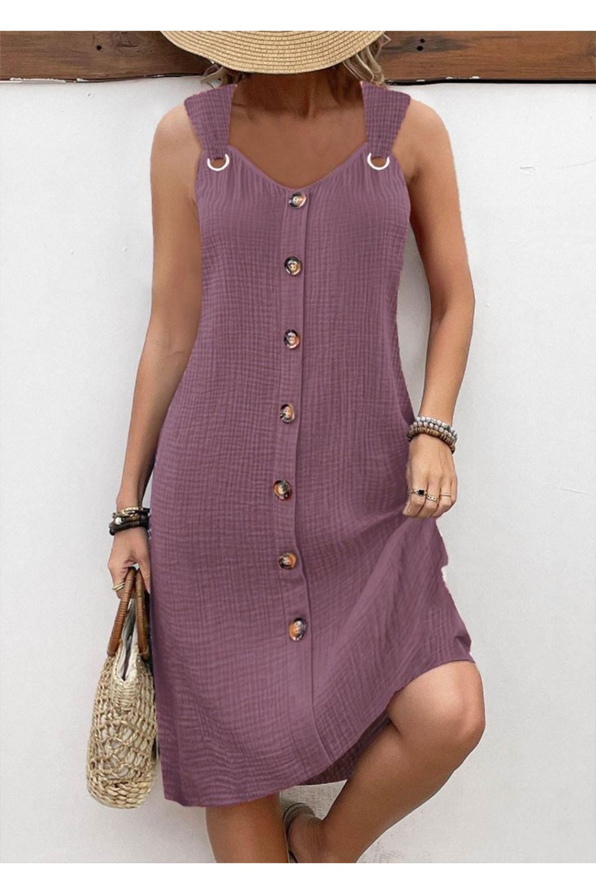Kadın Askılı V Yakalı önden Düğmeli Narin Elbise