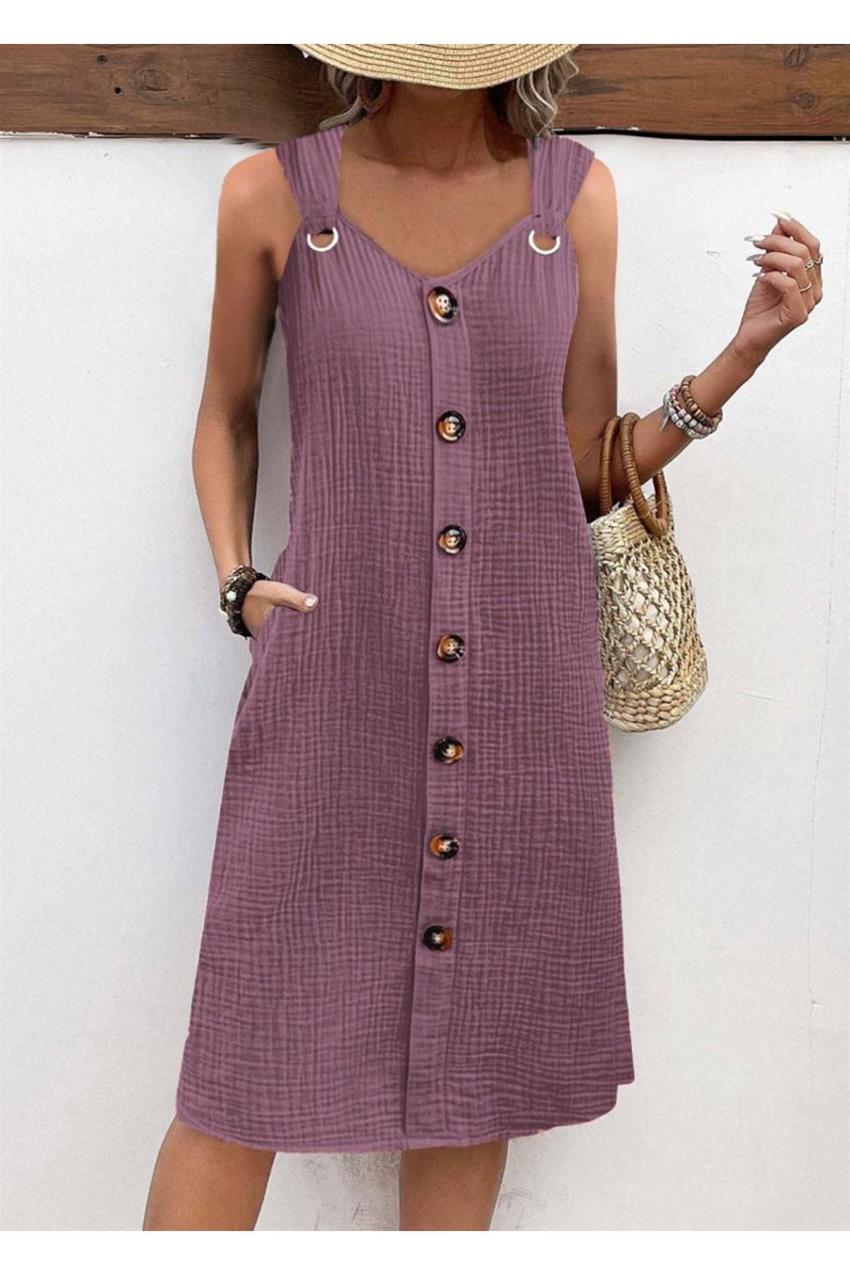 Kadın Askılı V Yakalı önden Düğmeli Narin Elbise