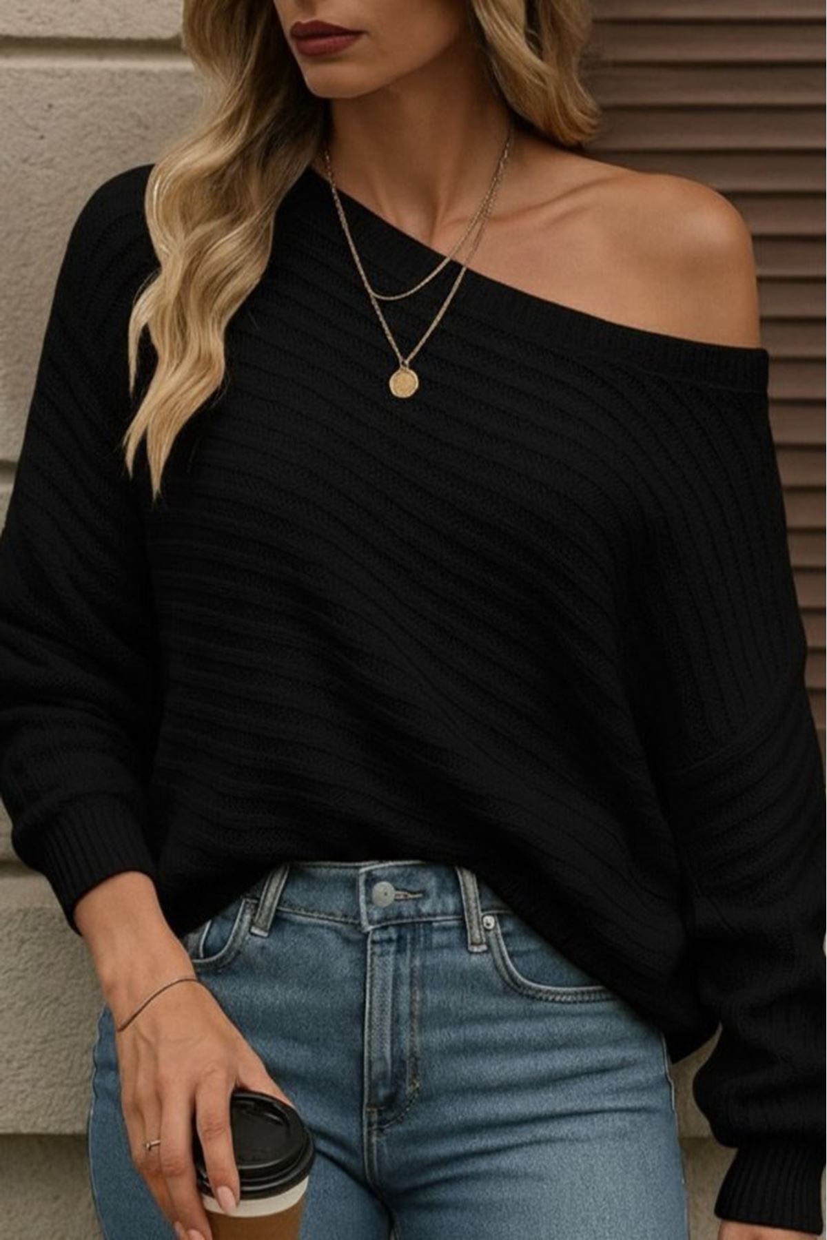 Kadın Uzun Kollu Tek Omuzu Açık Triko Bluz