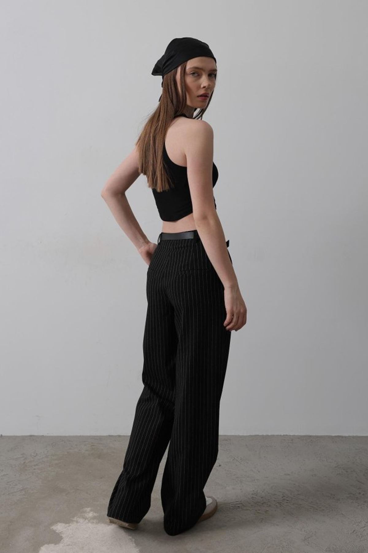 Kemerli Palazzo Pantolon - Siyah-Beyaz