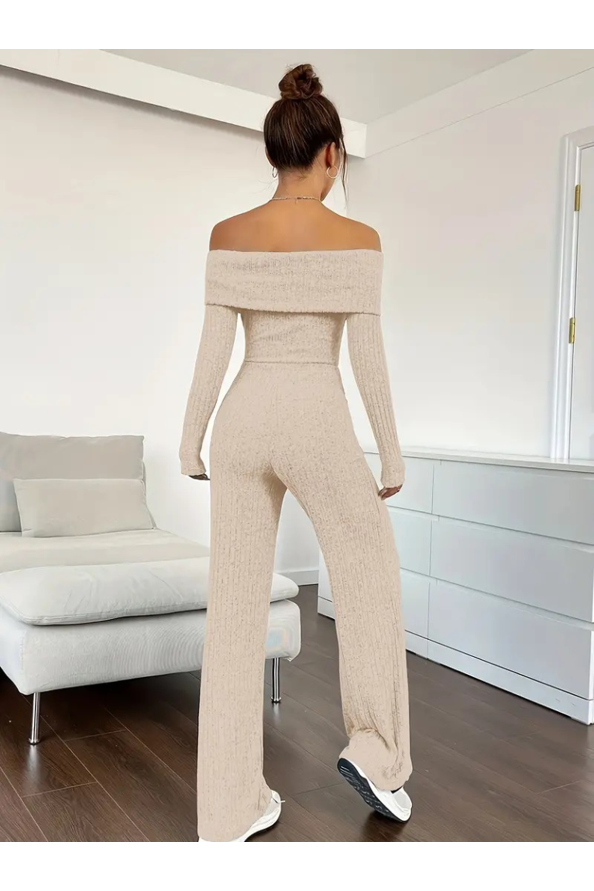 Kadın Uzun Kollu Madonna Yaka şardonlu Kaşkorse Tulum