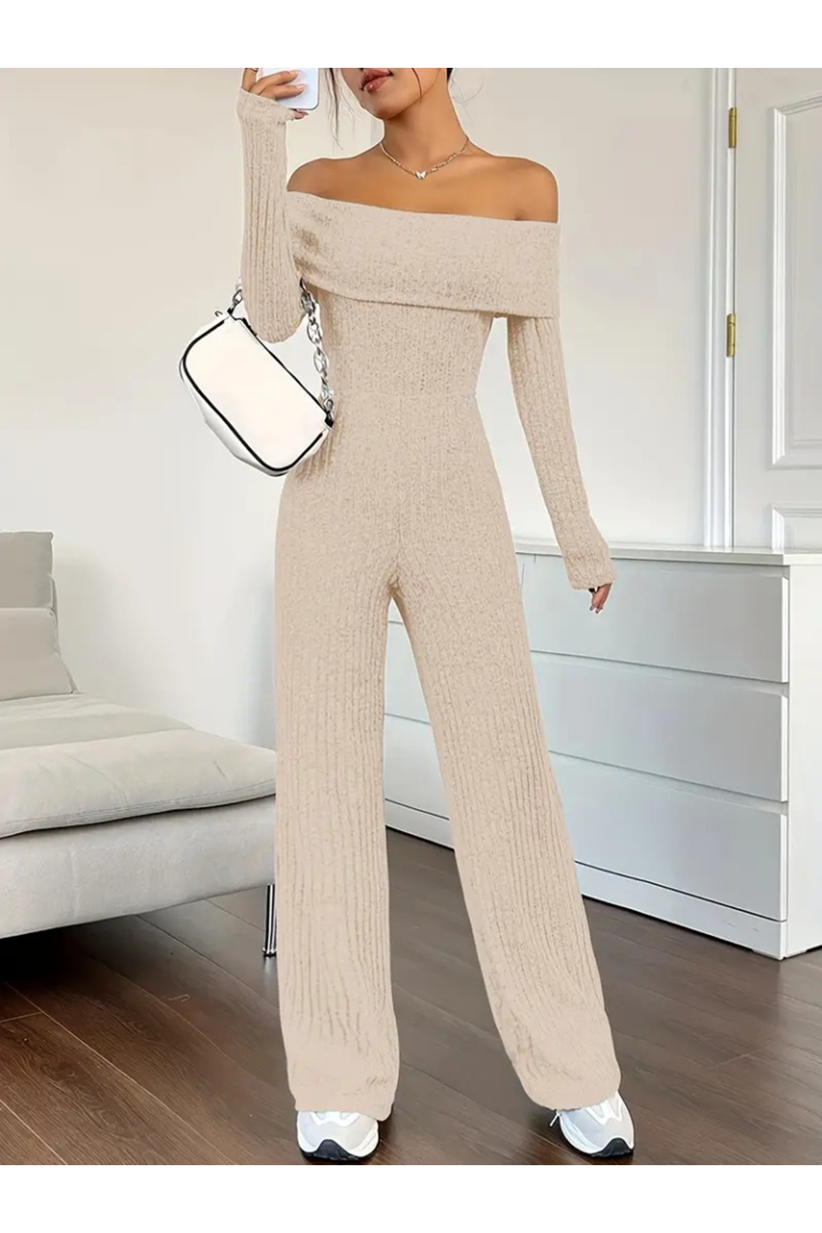 Kadın Uzun Kollu Madonna Yaka şardonlu Kaşkorse Tulum