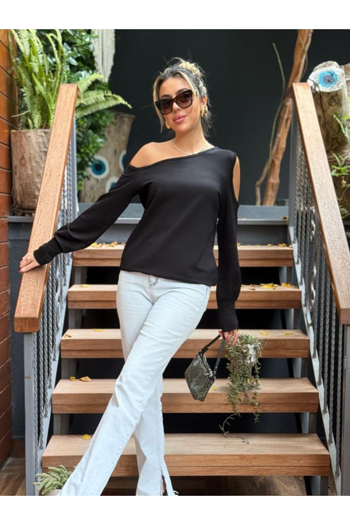 Kadın Omuzdan Açık Askılı Viskon Iki Iplik Bluz