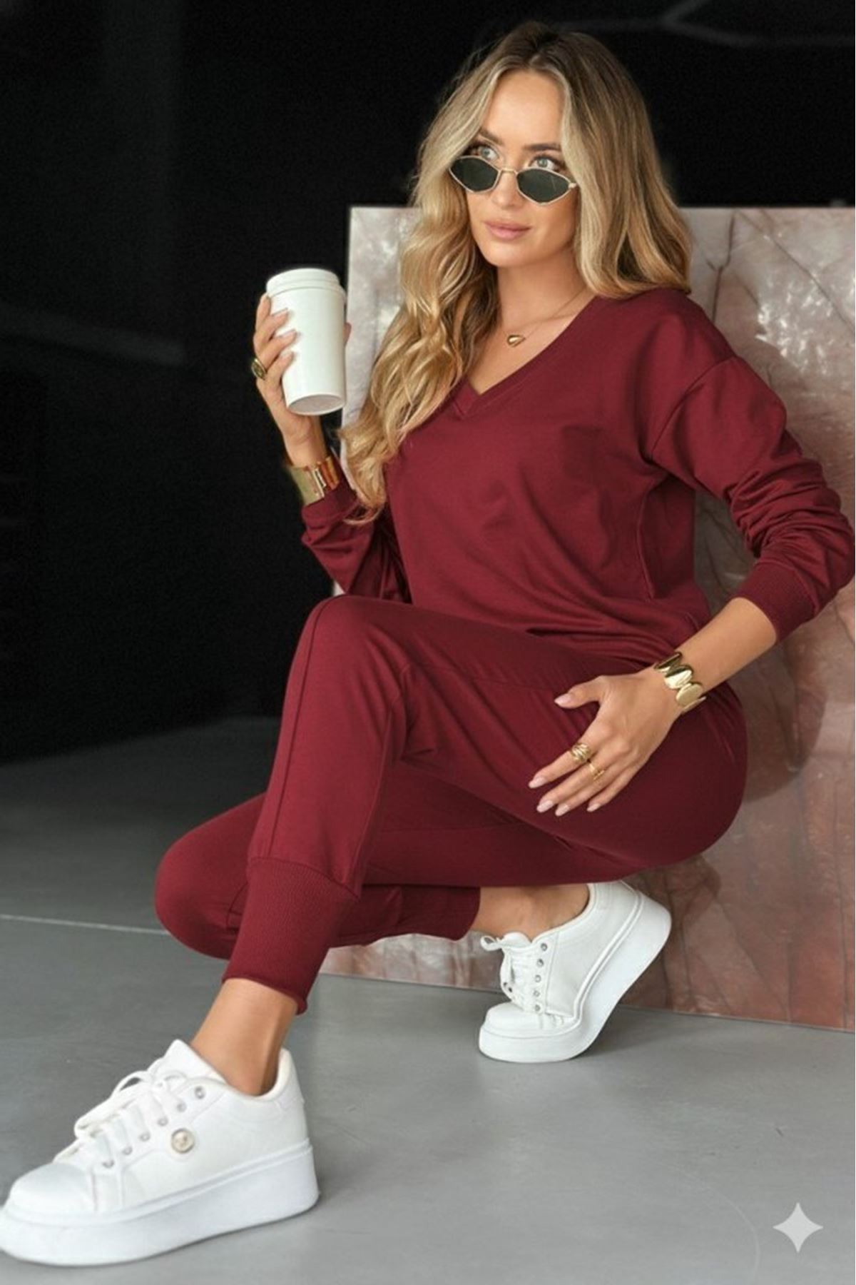 Kadın Uzun Kollu V Yakalı Viskon Iki Iplik Bluz Ve Pantolon Ikili Takım