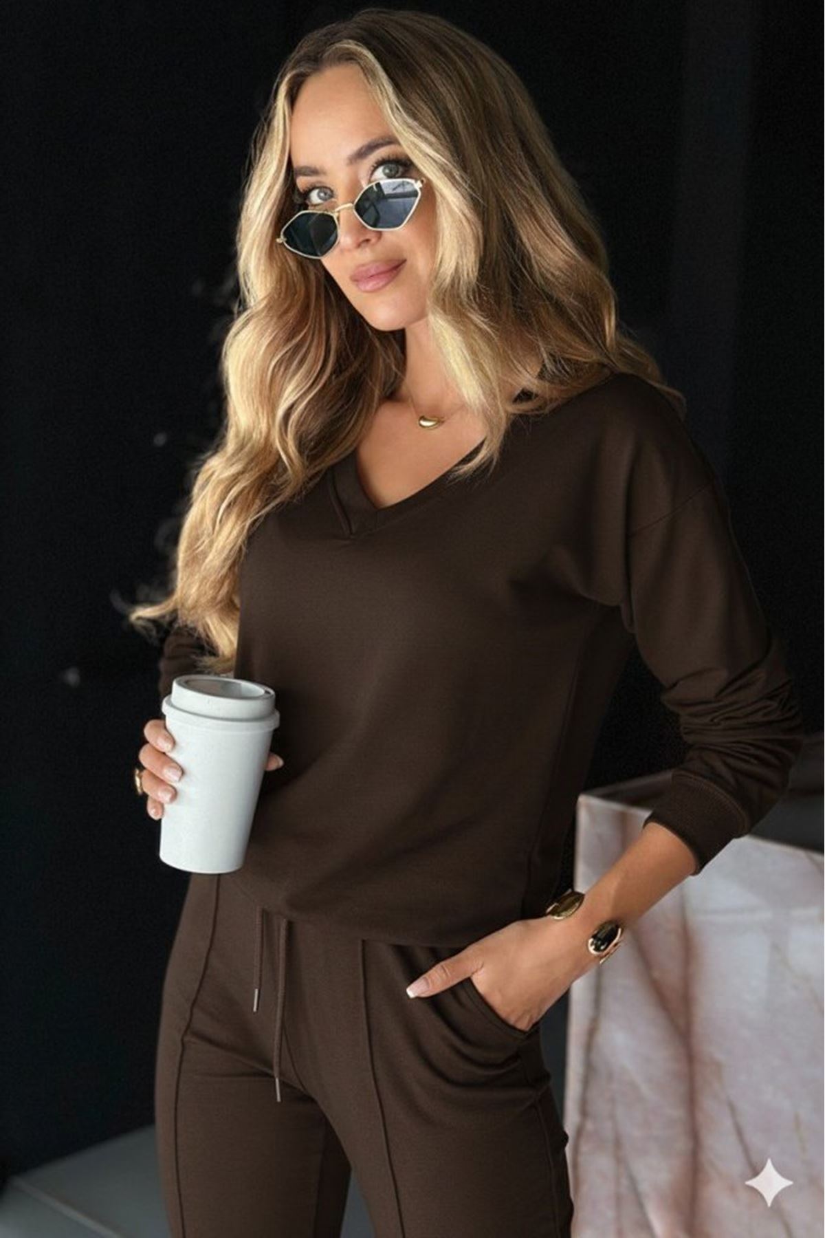 Kadın Uzun Kollu V Yakalı Viskon Iki Iplik Bluz Ve Pantolon Ikili Takım