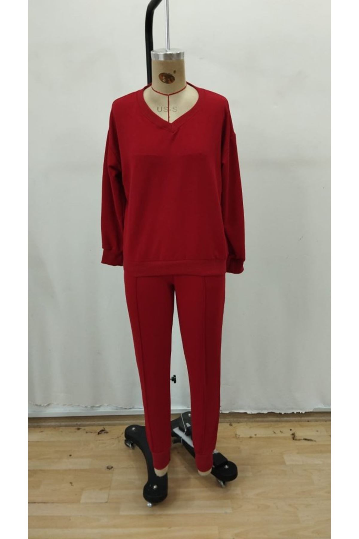 Kadın Uzun Kollu V Yakalı Viskon Iki Iplik Bluz Ve Pantolon Ikili Takım
