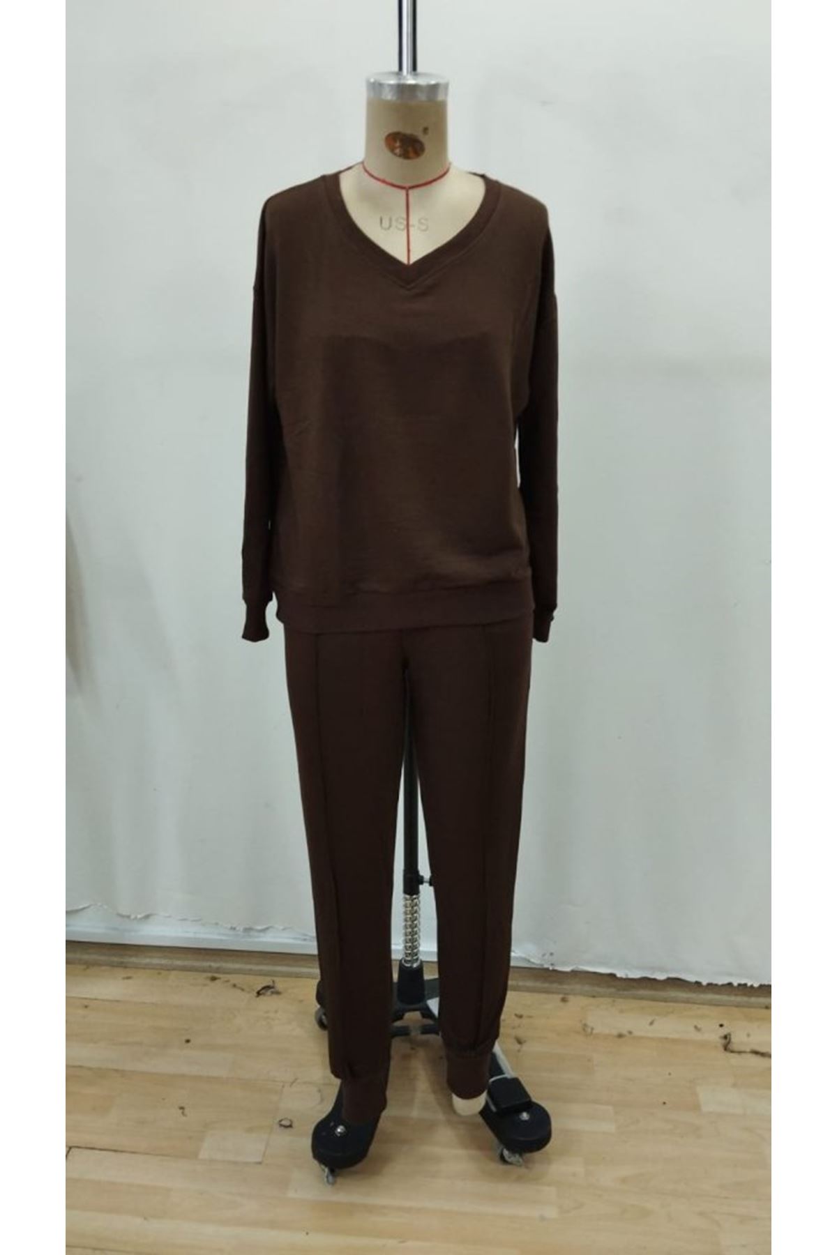 Kadın Uzun Kollu V Yakalı Viskon Iki Iplik Bluz Ve Pantolon Ikili Takım