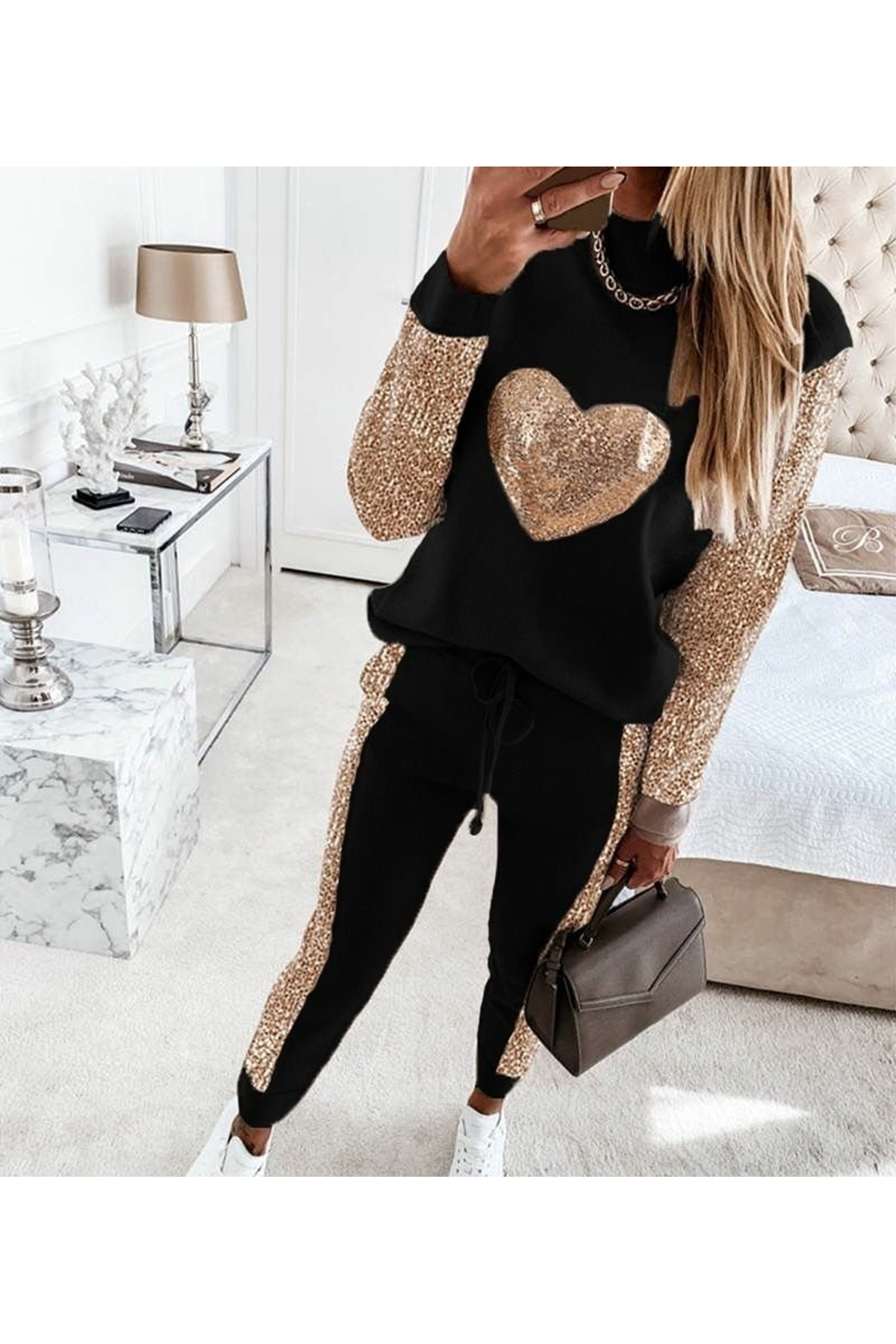 Kadın Uzun Kollu Yarım Balıkçı Yaka Pul Payet Detay Iki Iplik Ikili Takım