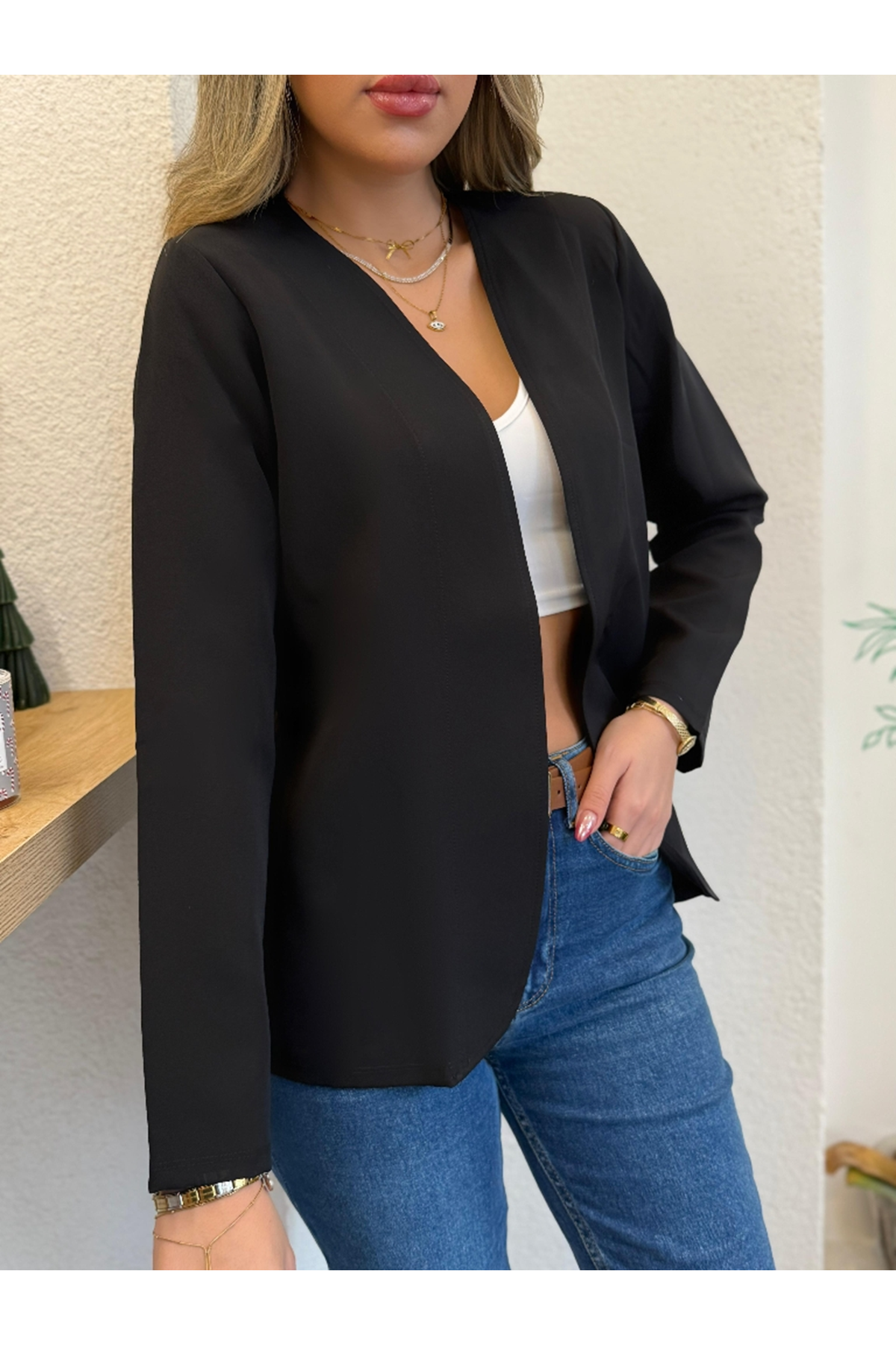 Kadın Uzun Kollu önü Açık Ithal Krep Blazer Ceket