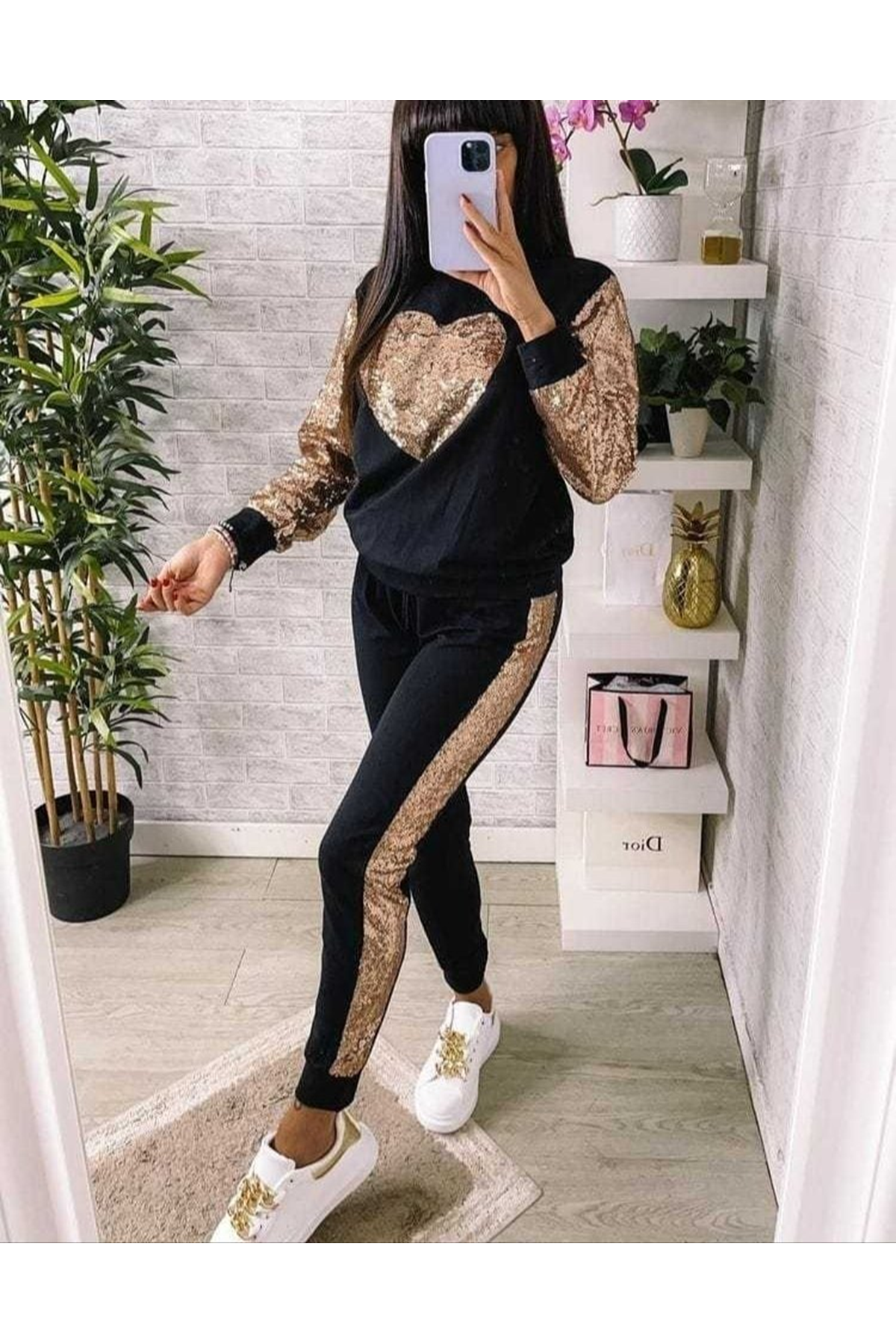 Kadın Uzun Kollu Yarım Balıkçı Yaka Pul Payet Detay Iki Iplik Ikili Takım