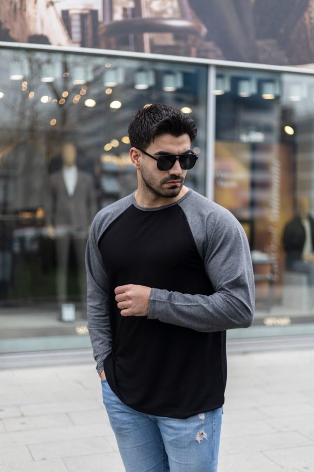 Erkek Uzun Kollu Bisiklet Yaka Viskon Iki Iplik Sweat