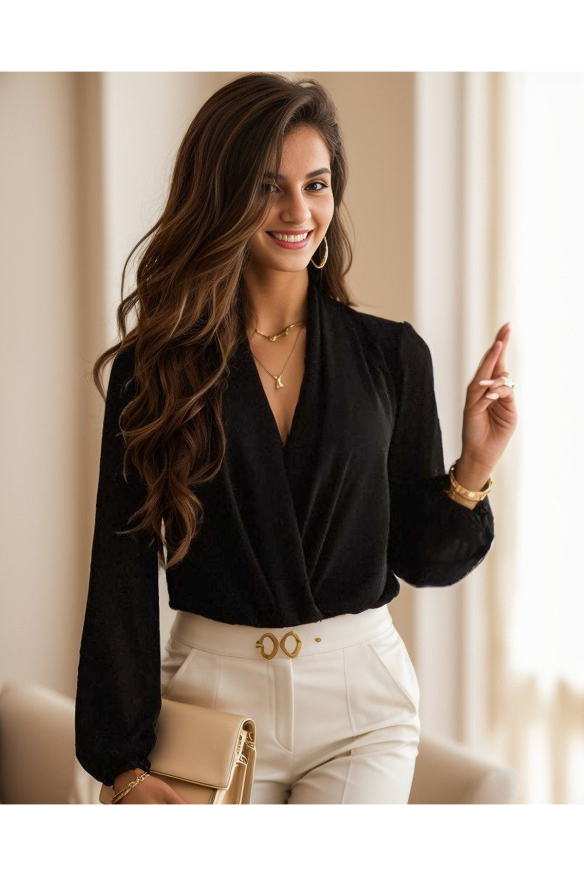 Kadın Uzun Kollu Kruvaze Yaka Sandy Bluz