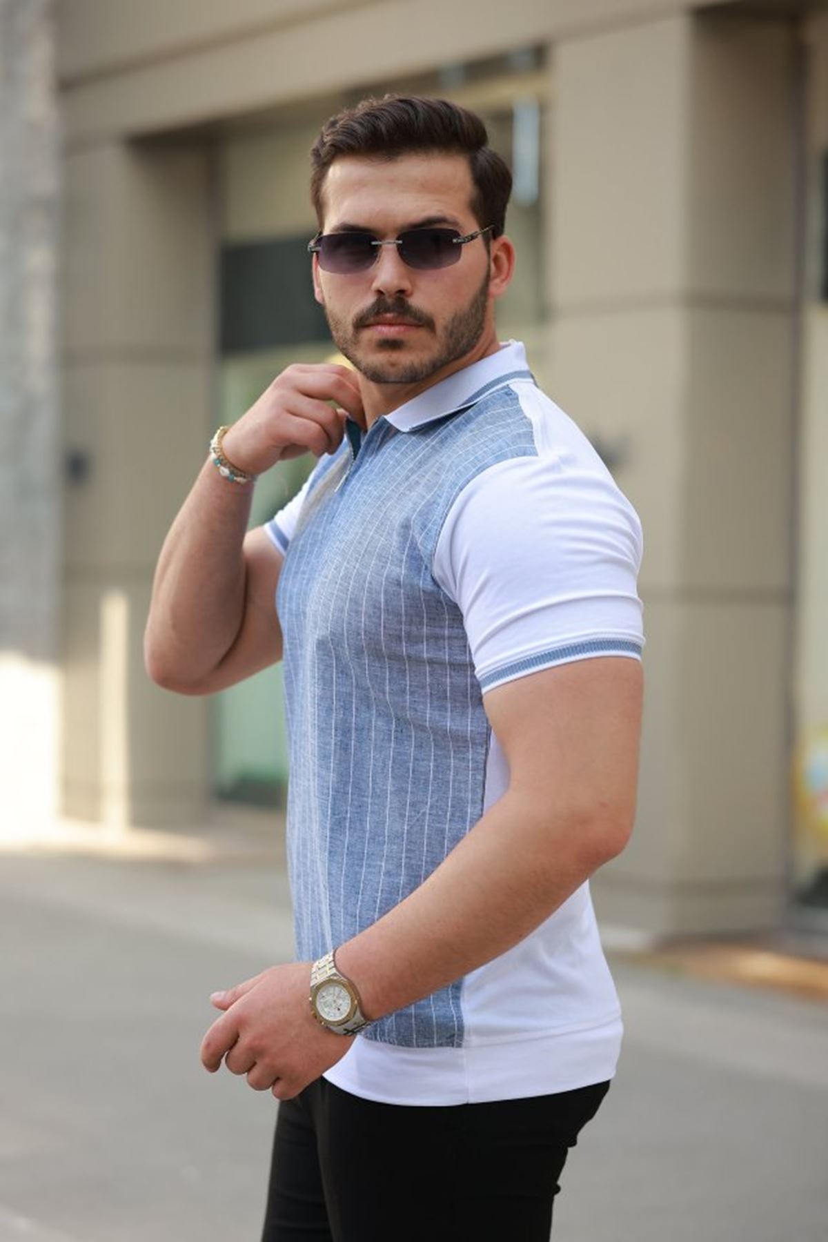 Erkek Fermuar Yakalı çizgili Kısa Kollu Tişört