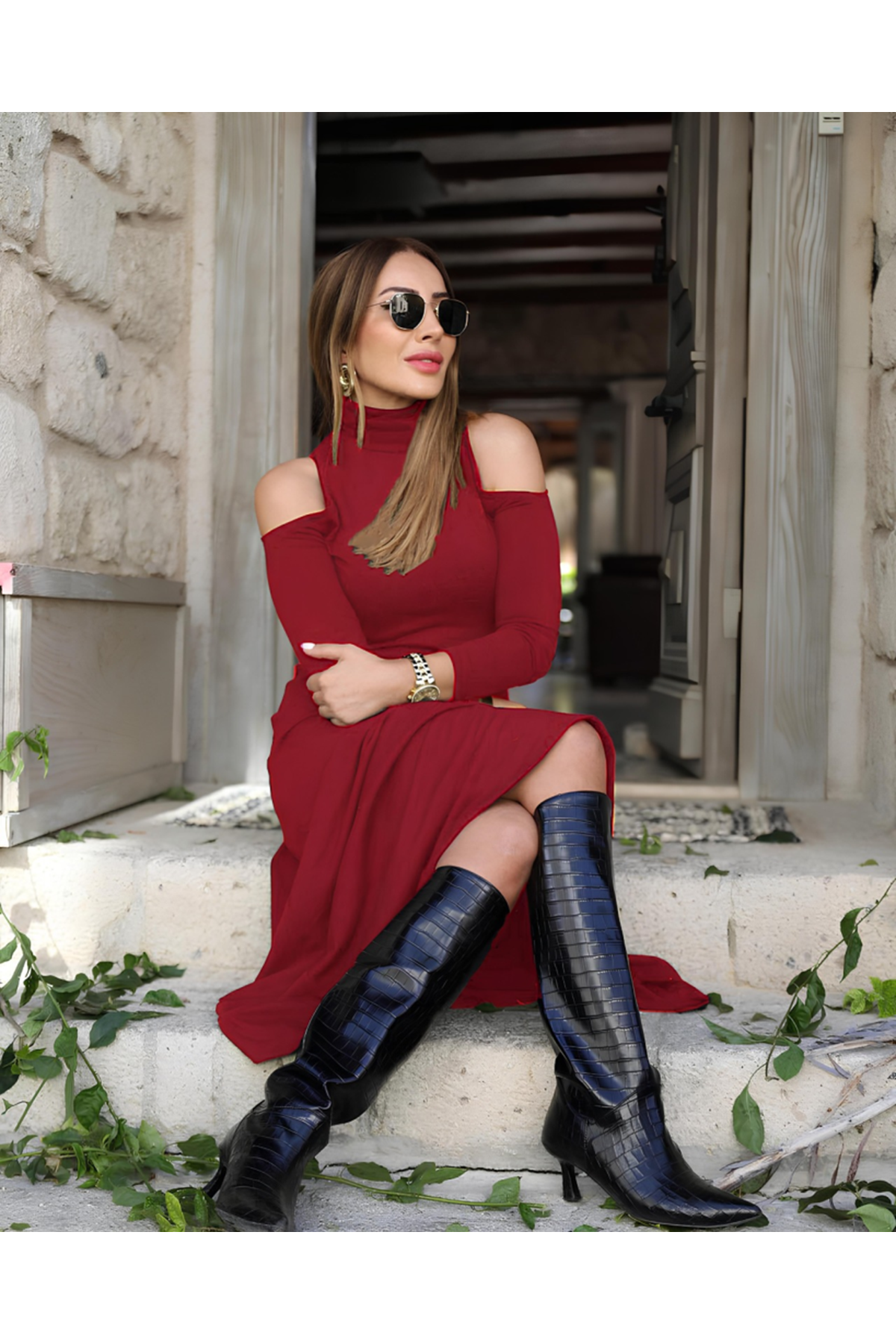 Kadın Balıkçı Yaka Omuzlardan Açık Uzun Kollu Janjan Krep Elbise