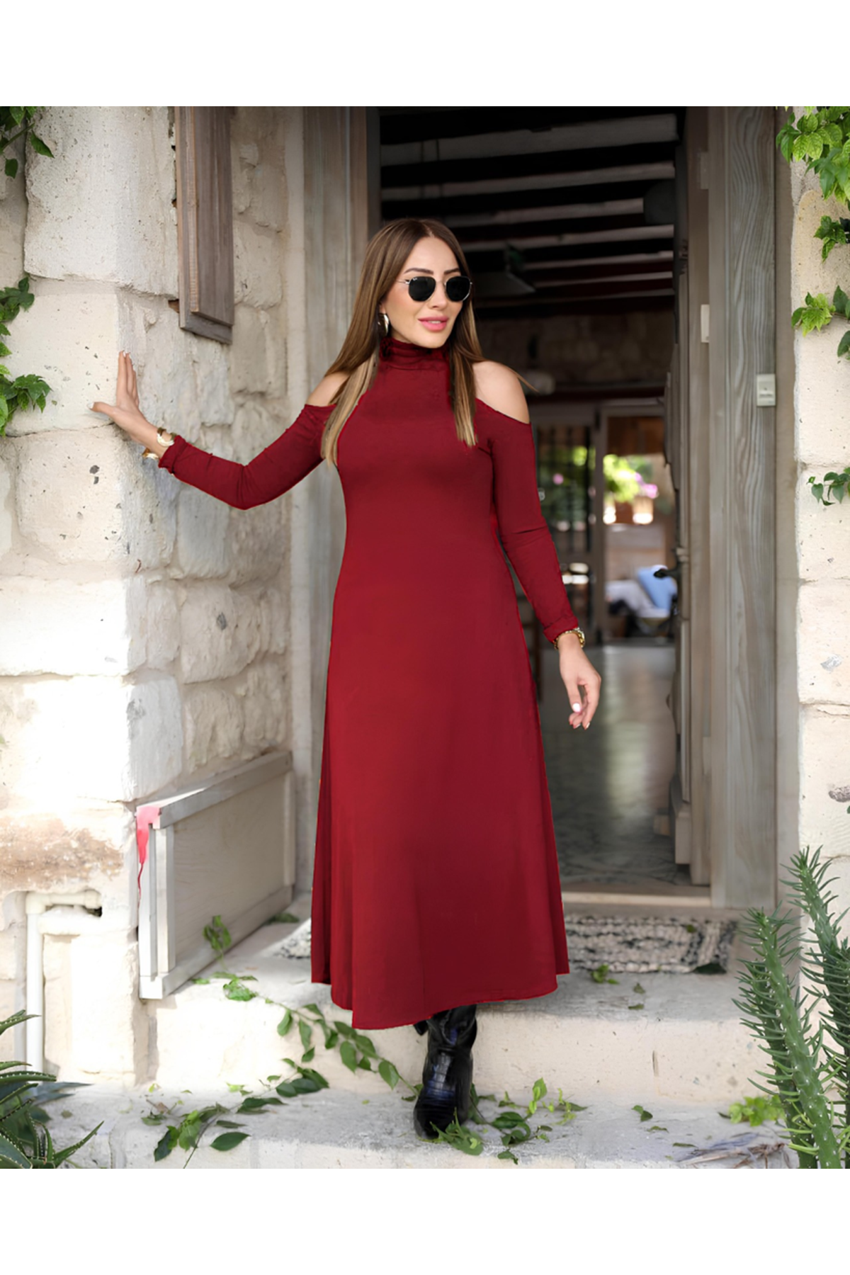 Kadın Balıkçı Yaka Omuzlardan Açık Uzun Kollu Janjan Krep Elbise