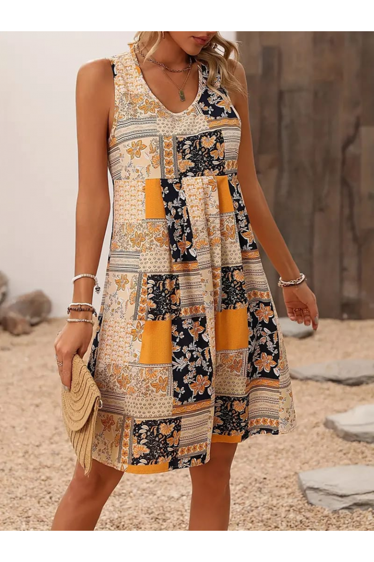 Kadın Sıfır Kol Yuvarlak Yaka çiçek Desenli Süprem Elbise