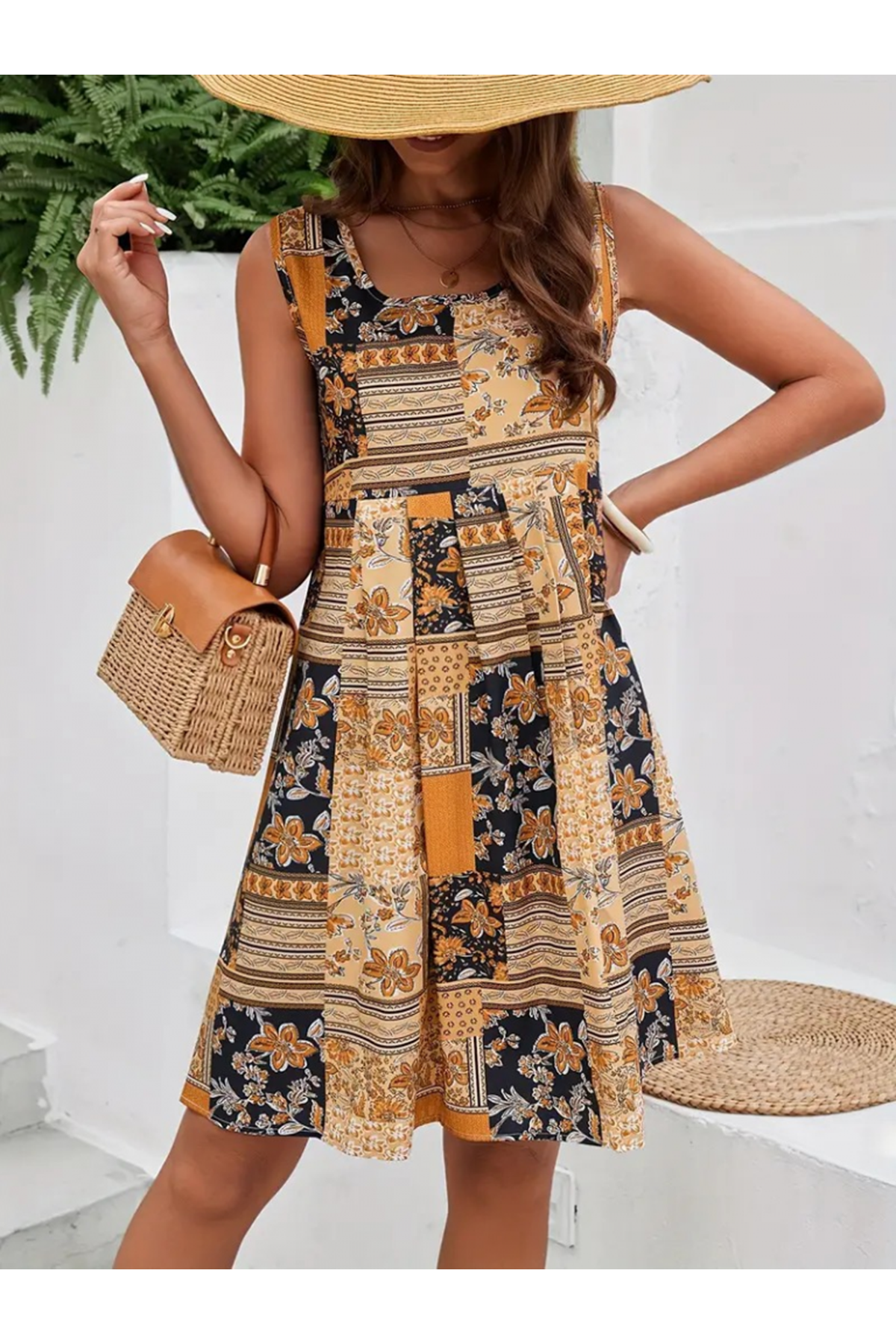 Kadın Sıfır Kol Yuvarlak Yaka çiçek Desenli Süprem Elbise