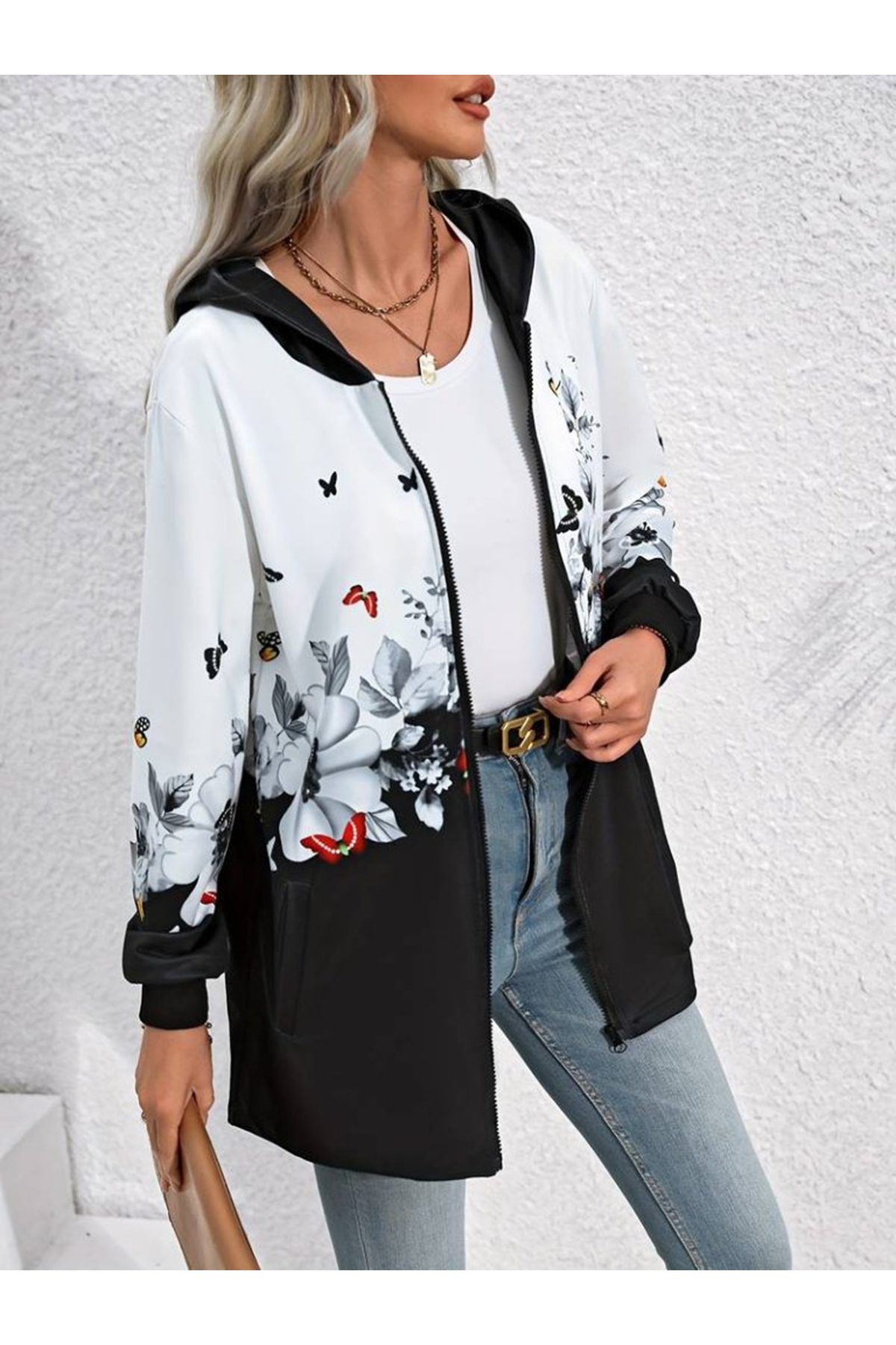 Kadın Uzun Kollu Kapşonlu Fermuarlı çiçek-kelebek Desenli şardonlu Dalgıç Ceket