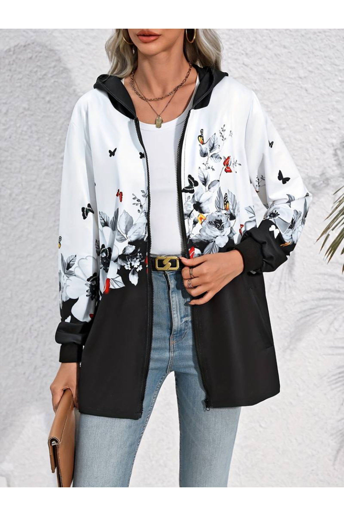 Kadın Uzun Kollu Kapşonlu Fermuarlı çiçek-kelebek Desenli şardonlu Dalgıç Ceket