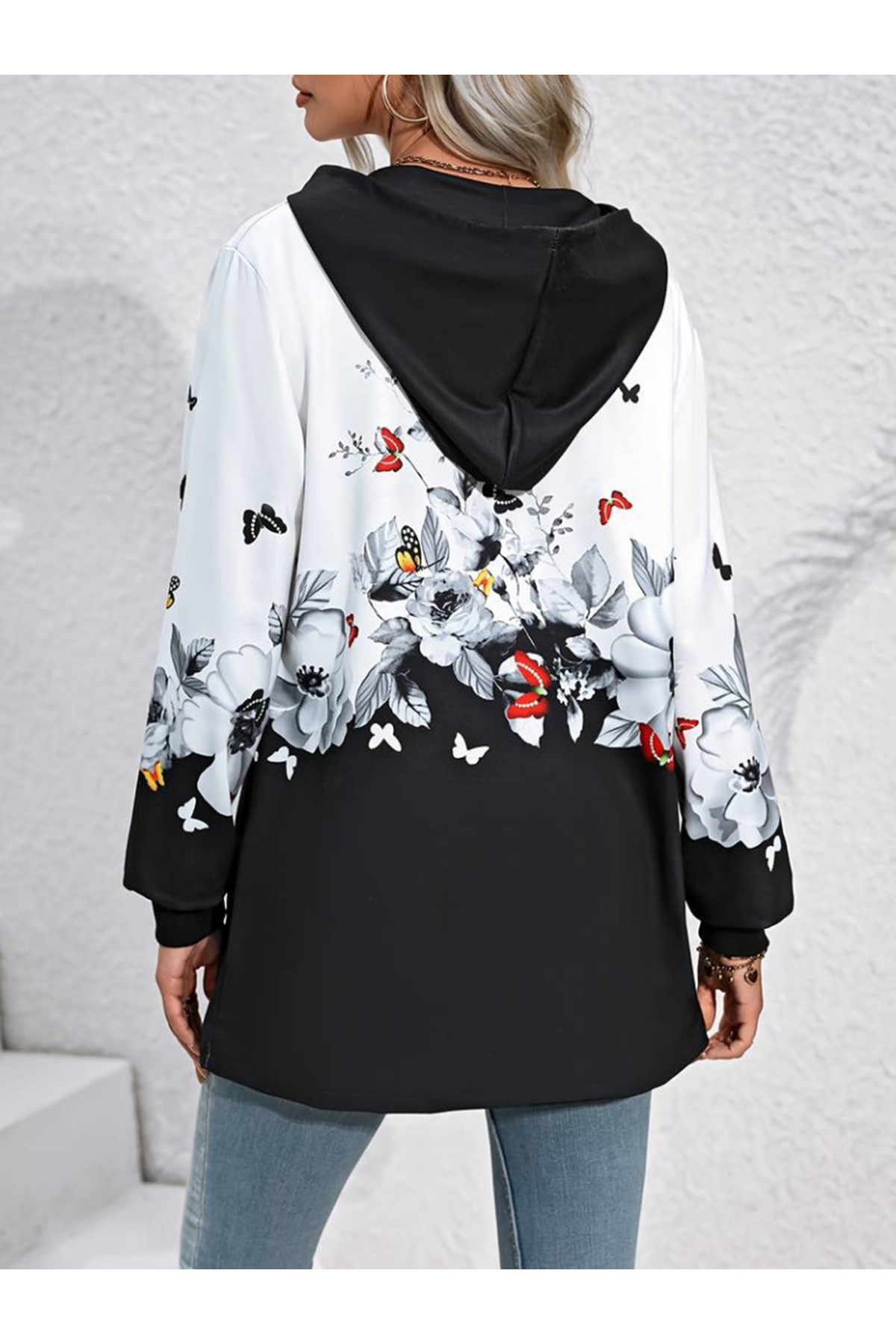 Kadın Uzun Kollu Kapşonlu Fermuarlı çiçek-kelebek Desenli şardonlu Dalgıç Ceket