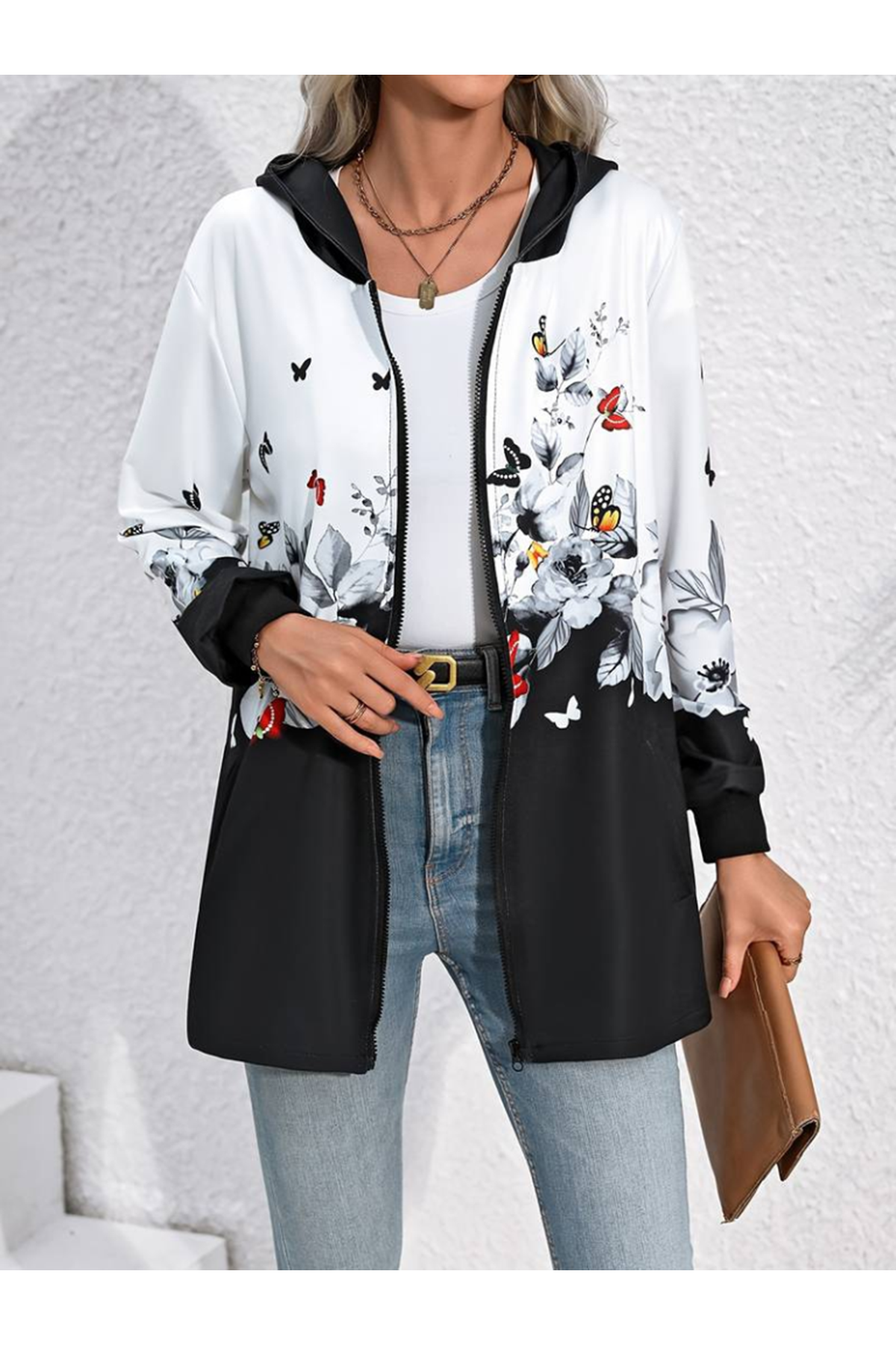 Kadın Uzun Kollu Kapşonlu Fermuarlı çiçek-kelebek Desenli şardonlu Dalgıç Ceket