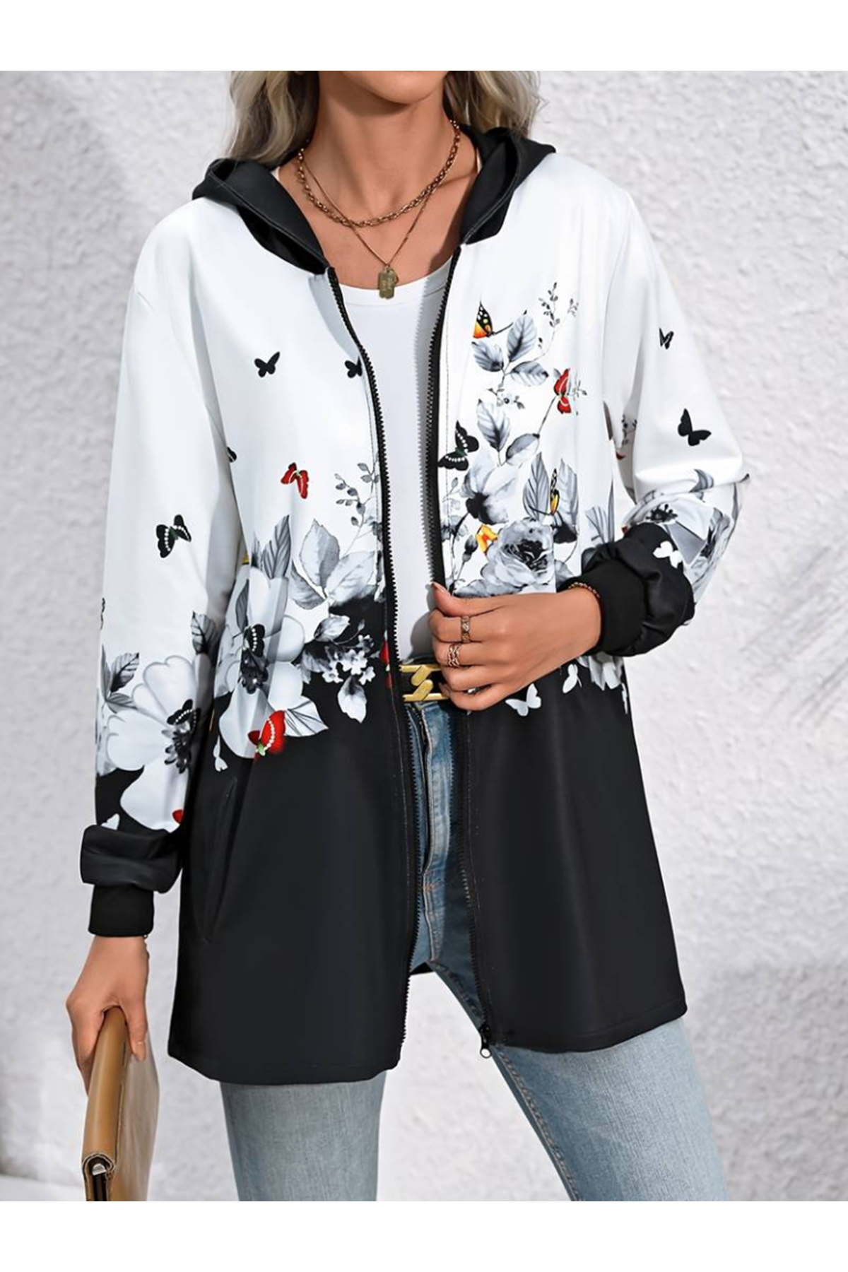 Kadın Uzun Kollu Kapşonlu Fermuarlı çiçek-kelebek Desenli şardonlu Dalgıç Ceket