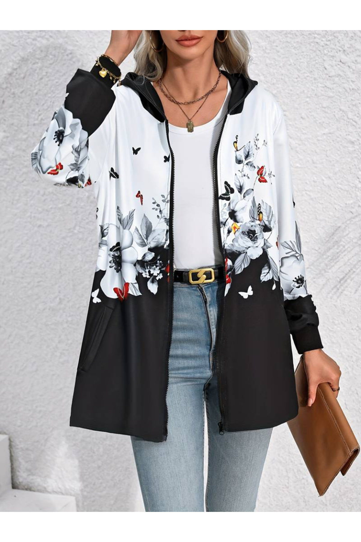 Kadın Uzun Kollu Kapşonlu Fermuarlı çiçek-kelebek Desenli şardonlu Dalgıç Ceket