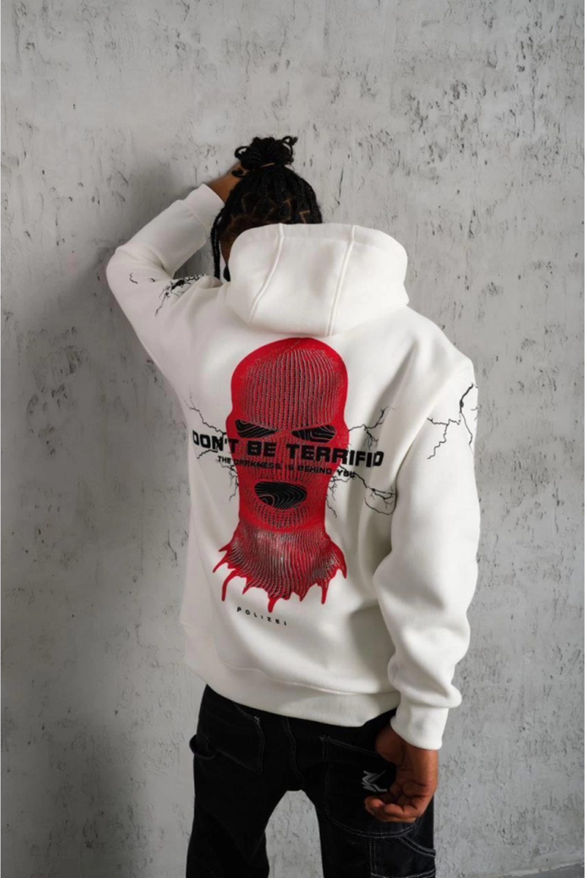 Erkek Oversize Üç İplik Kapüşonlu Sweatshirt – “Don’t Be Terrified” Ön, Sırt Ve Kol Baskılı, Kanguru Cepli, Ribanalı Rahat Model - Beyaz