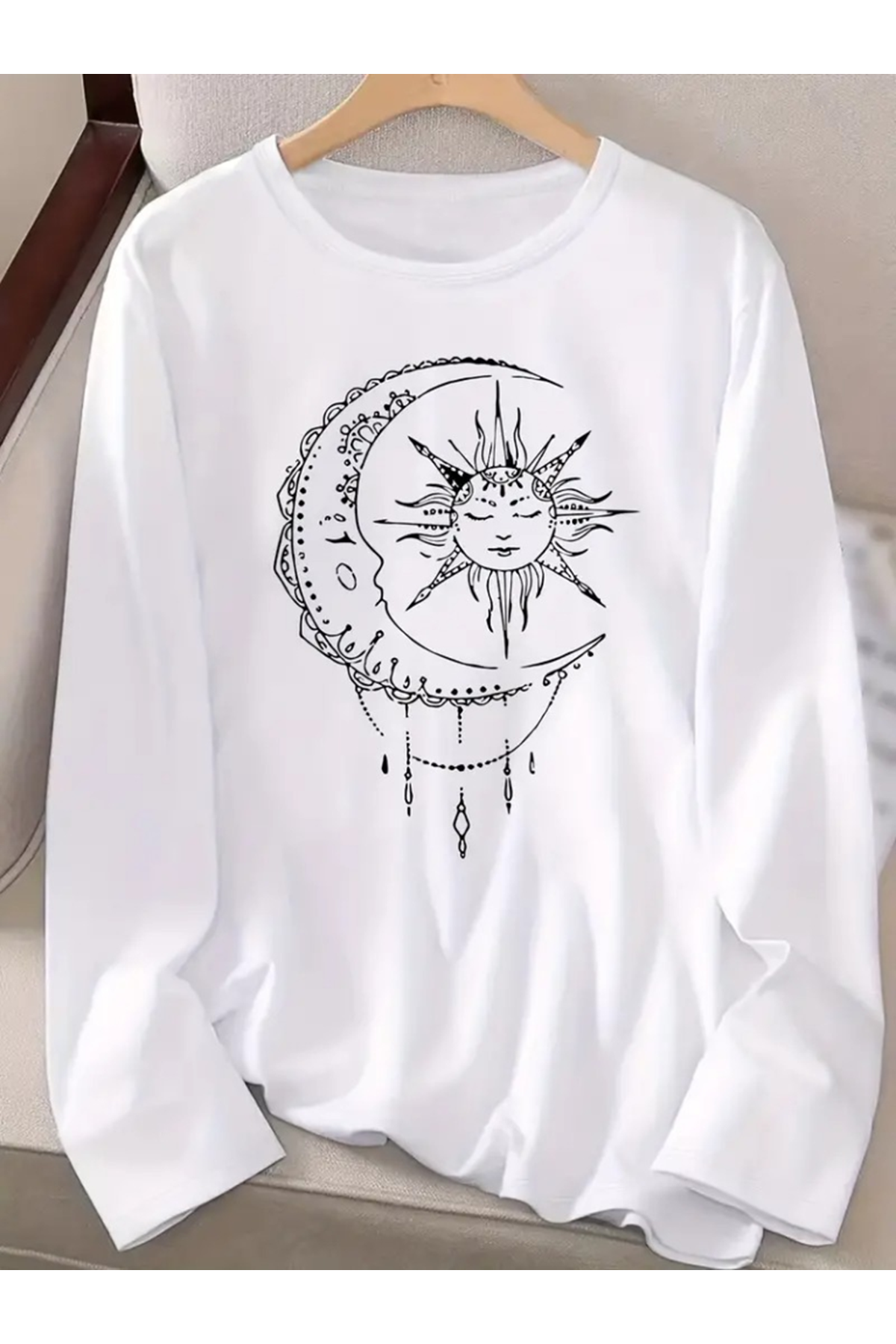 Kadın Uzun Kollu Bisiklet Yaka Ay Baskılı Viskon Bluz