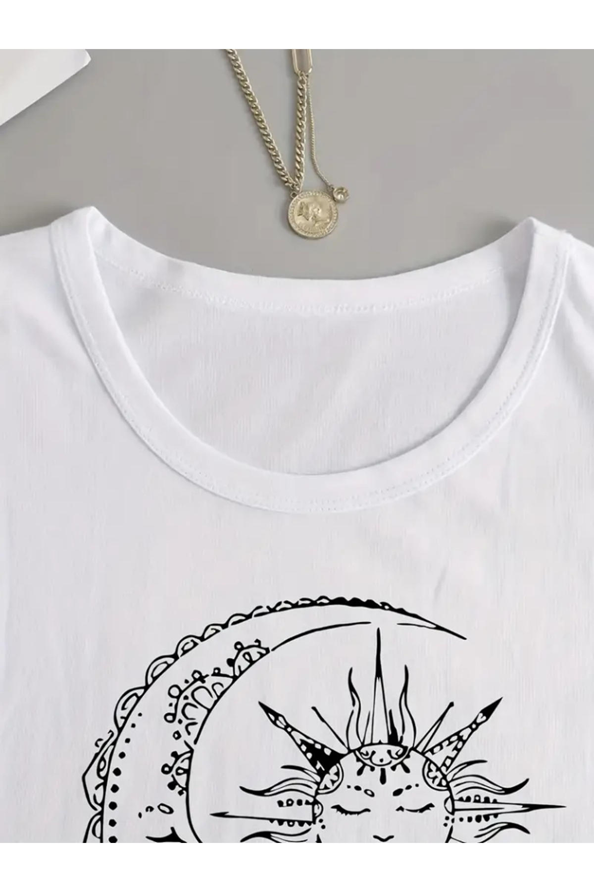 Kadın Uzun Kollu Bisiklet Yaka Ay Baskılı Viskon Bluz