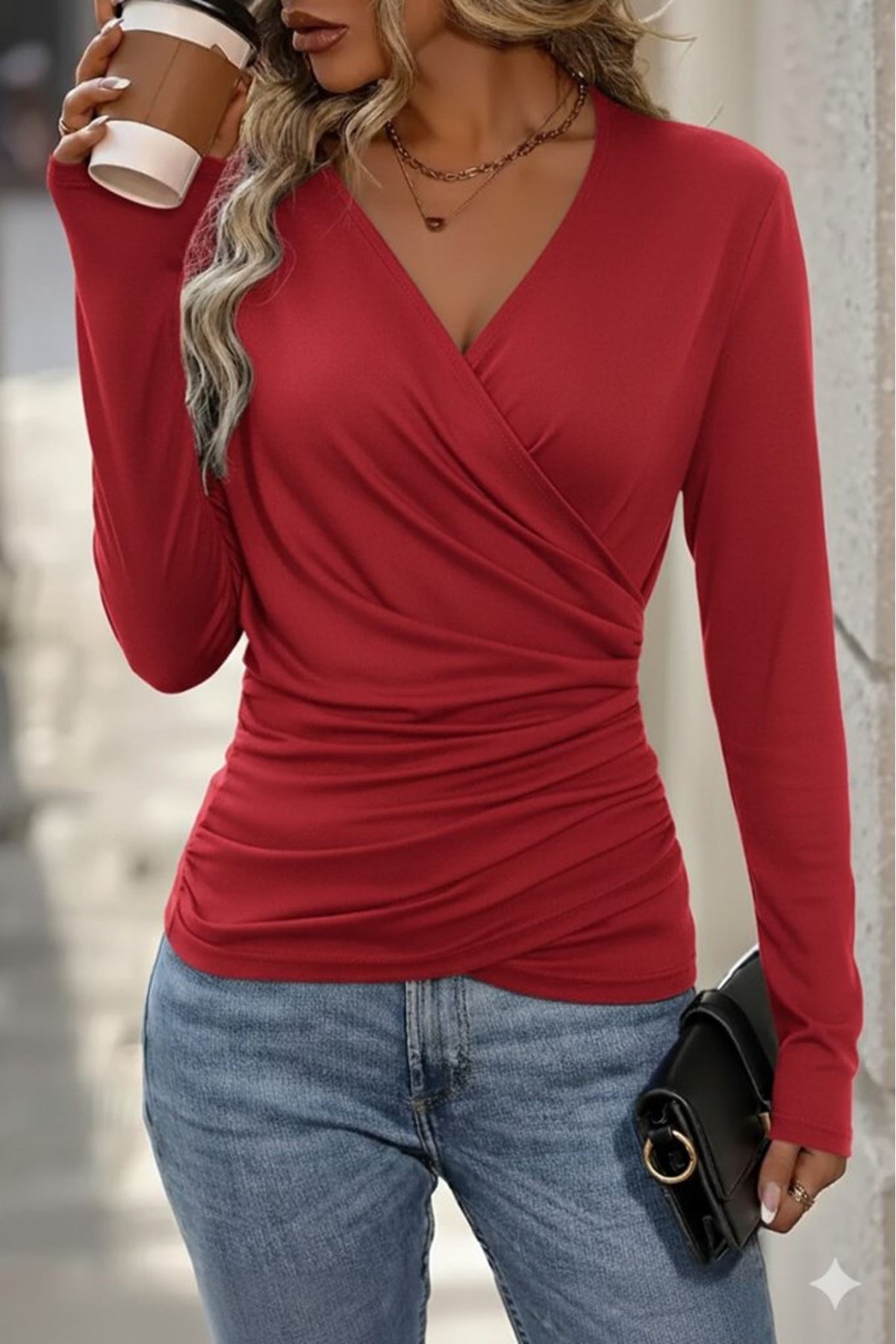 Kadın Uzun Kollu Kruvaze Yaka Yanlardan Büzgülü Viskon Bluz