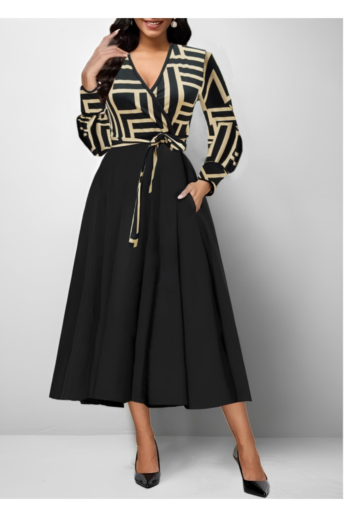 Kadın Uzun Kollu Kruvaze Yaka Dalgıç Krep Midi Boy Elbise