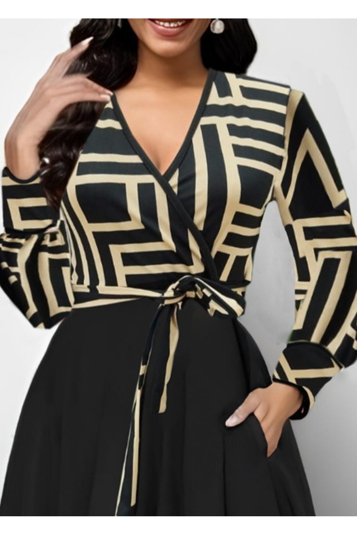 Kadın Uzun Kollu Kruvaze Yaka Dalgıç Krep Midi Boy Elbise