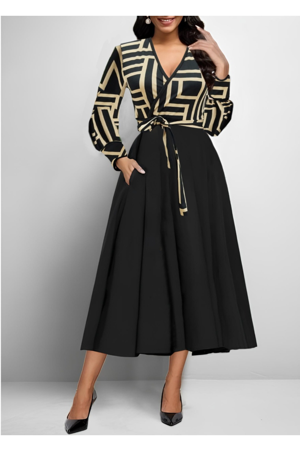 Kadın Uzun Kollu Kruvaze Yaka Dalgıç Krep Midi Boy Elbise