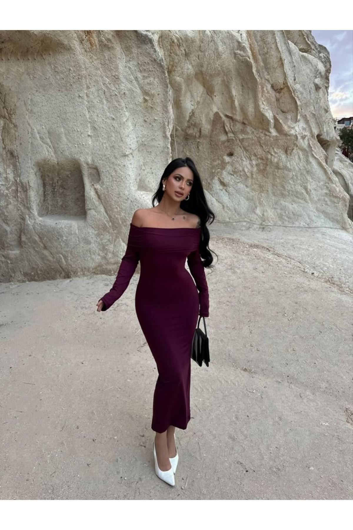 Kadın Uzun Kollu Madonna Yaka Midi Boy Elbise