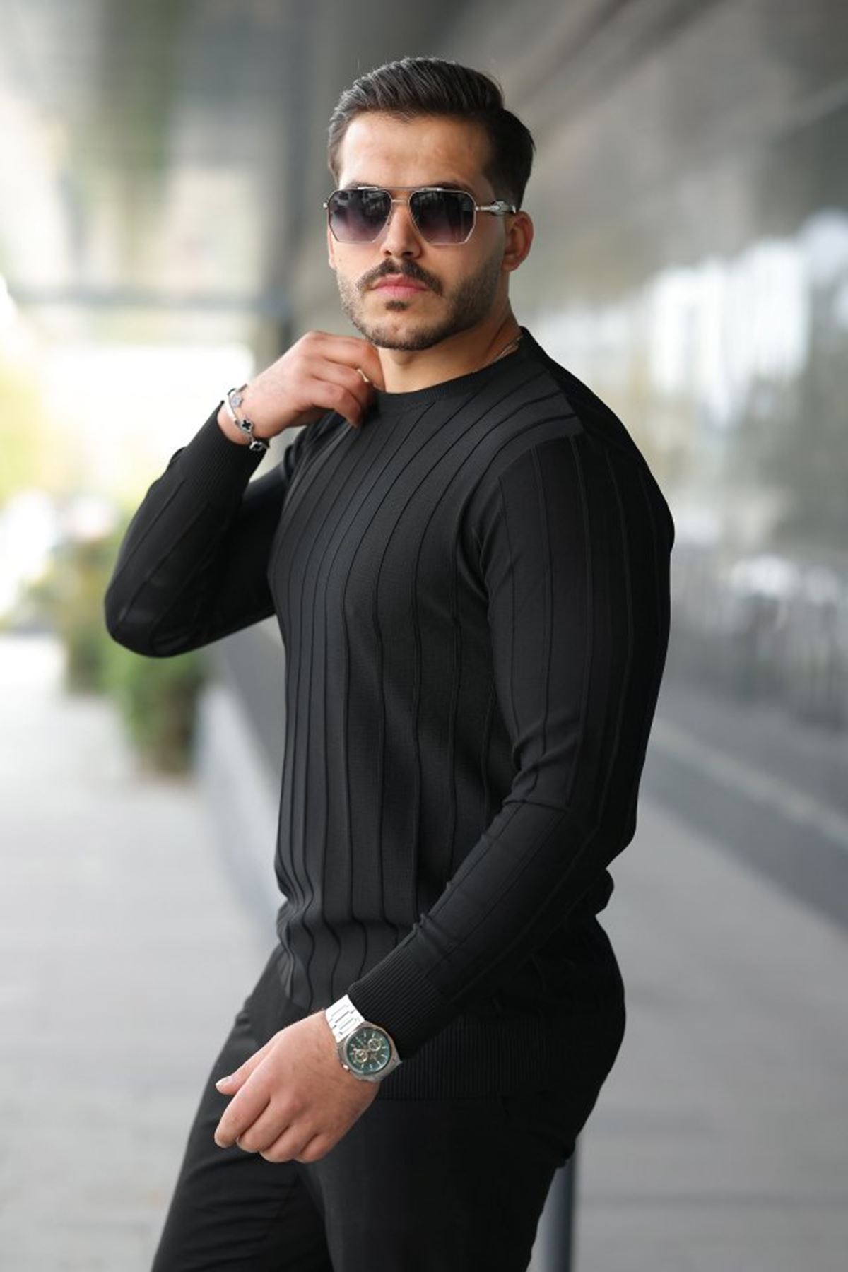 Erkek Bisiklet Yaka çizgi Kabartmalı Uzun Kollu Triko