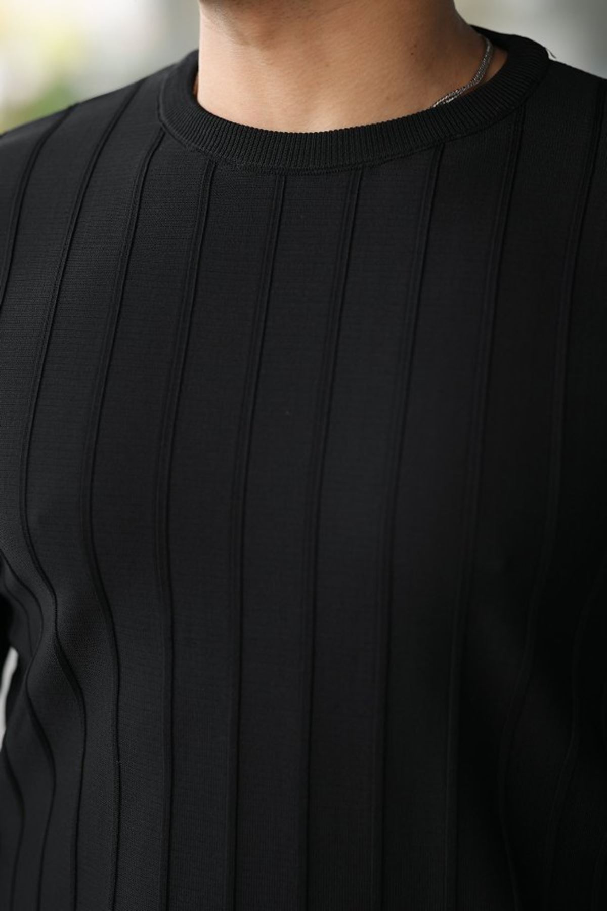 Erkek Bisiklet Yaka çizgi Kabartmalı Uzun Kollu Triko