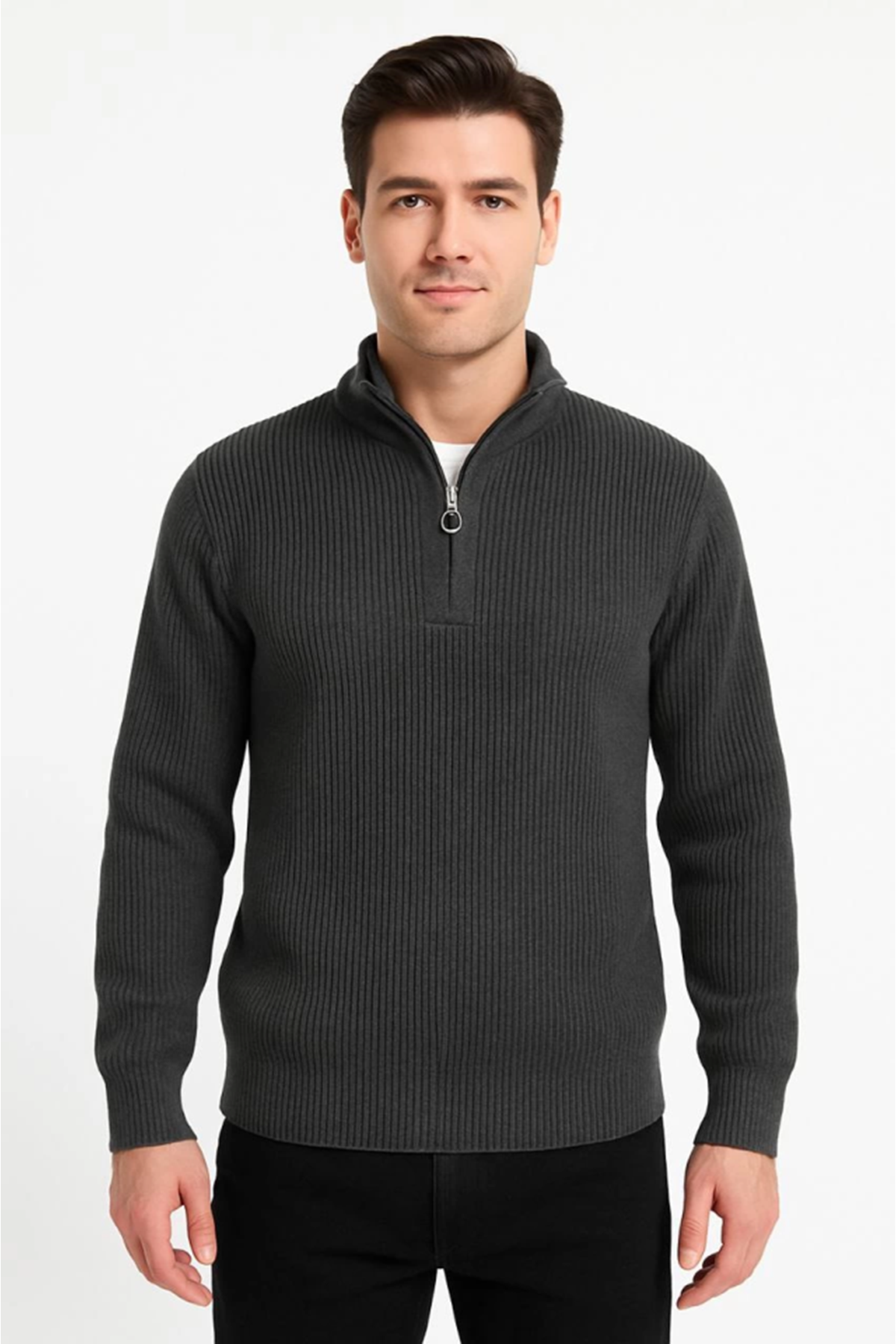 Erkek Yarım Fermuarlı Triko Kazak – Selanik Örgü, Dik Yaka, Pamuklu Dokuma, Regular Fit Uzun Kollu Kışlık Model - Füme
