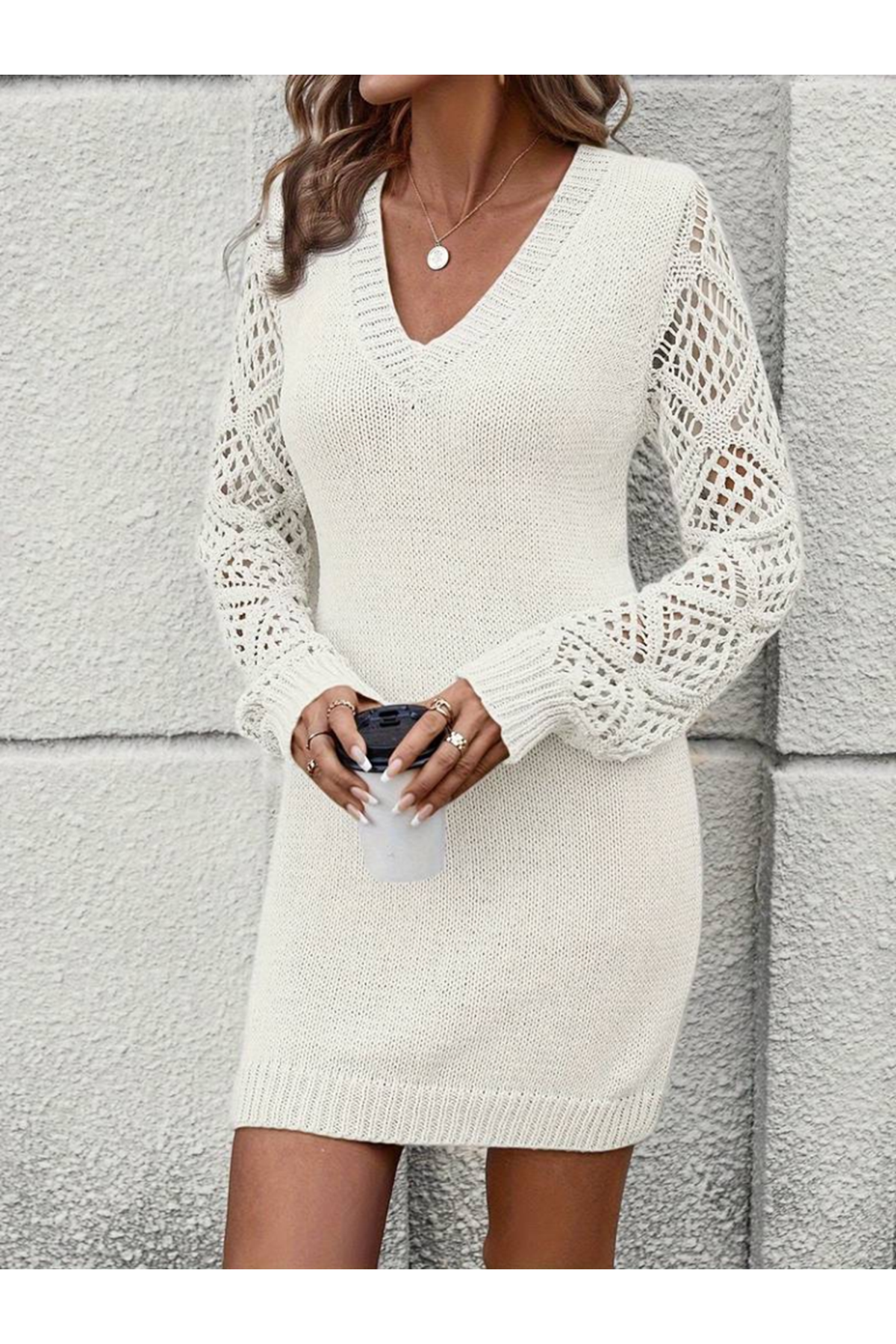 Kadın Uzun Kollu V Yakalı Mini Triko Elbise