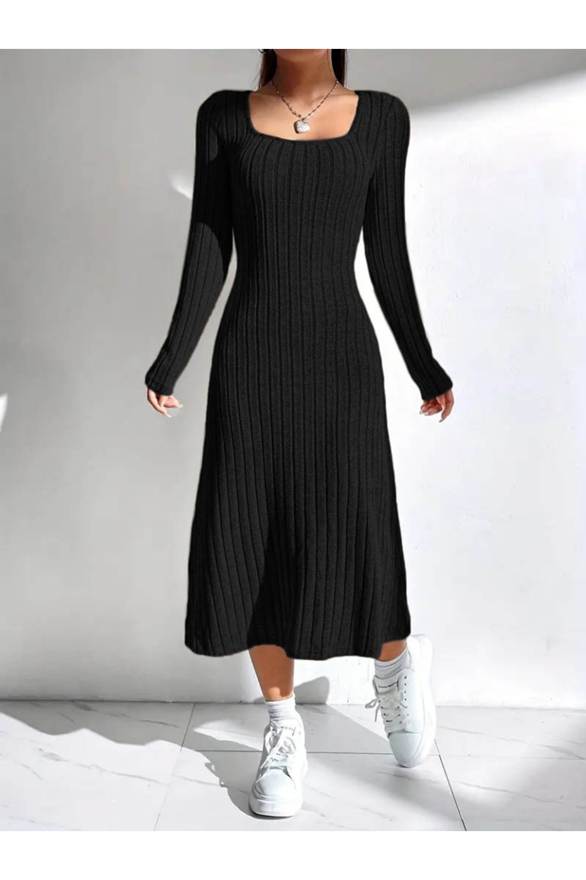 Kadın Uzun Kollu Kare Yakalı Midi şardonlu Kaşkorse Elbise