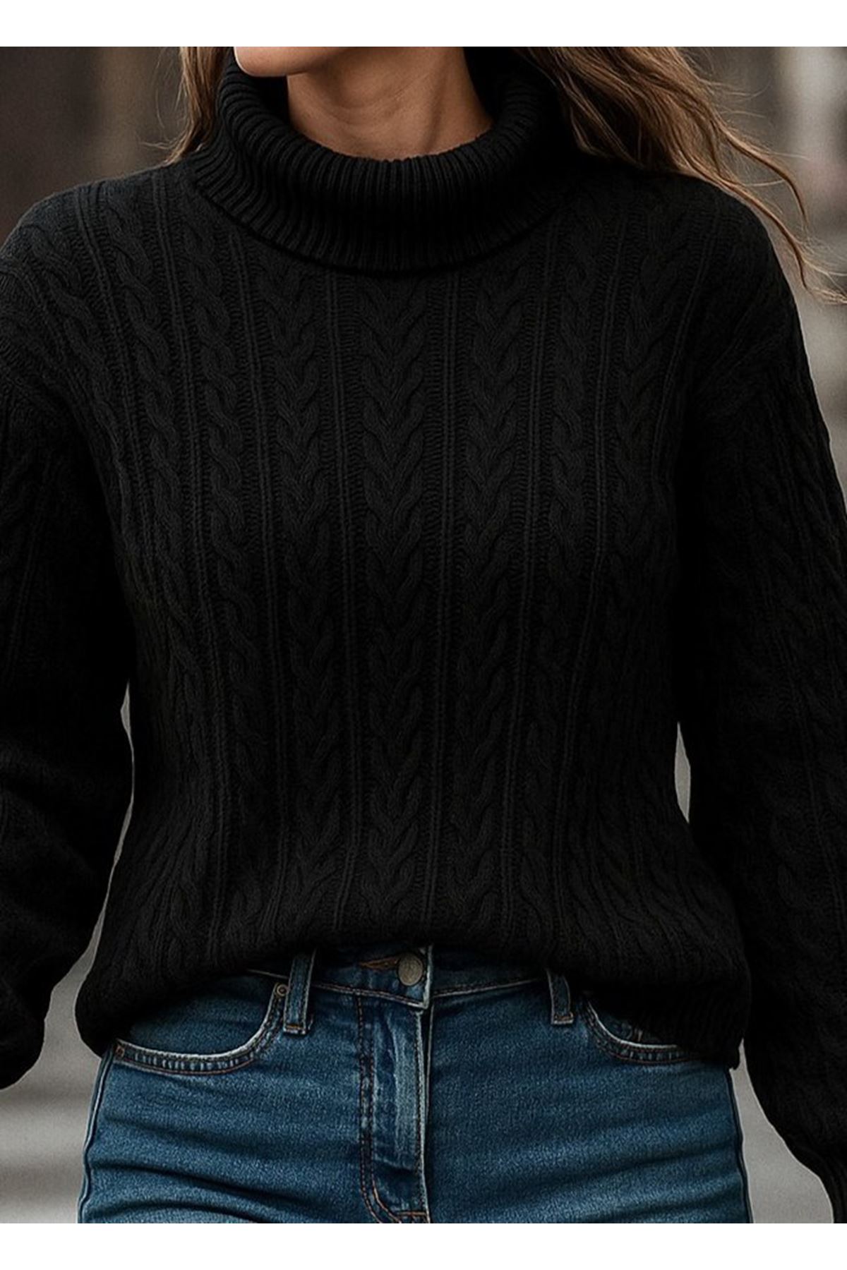 Uzun Kollu Yarı Balıkçı Yaka Triko Bluz