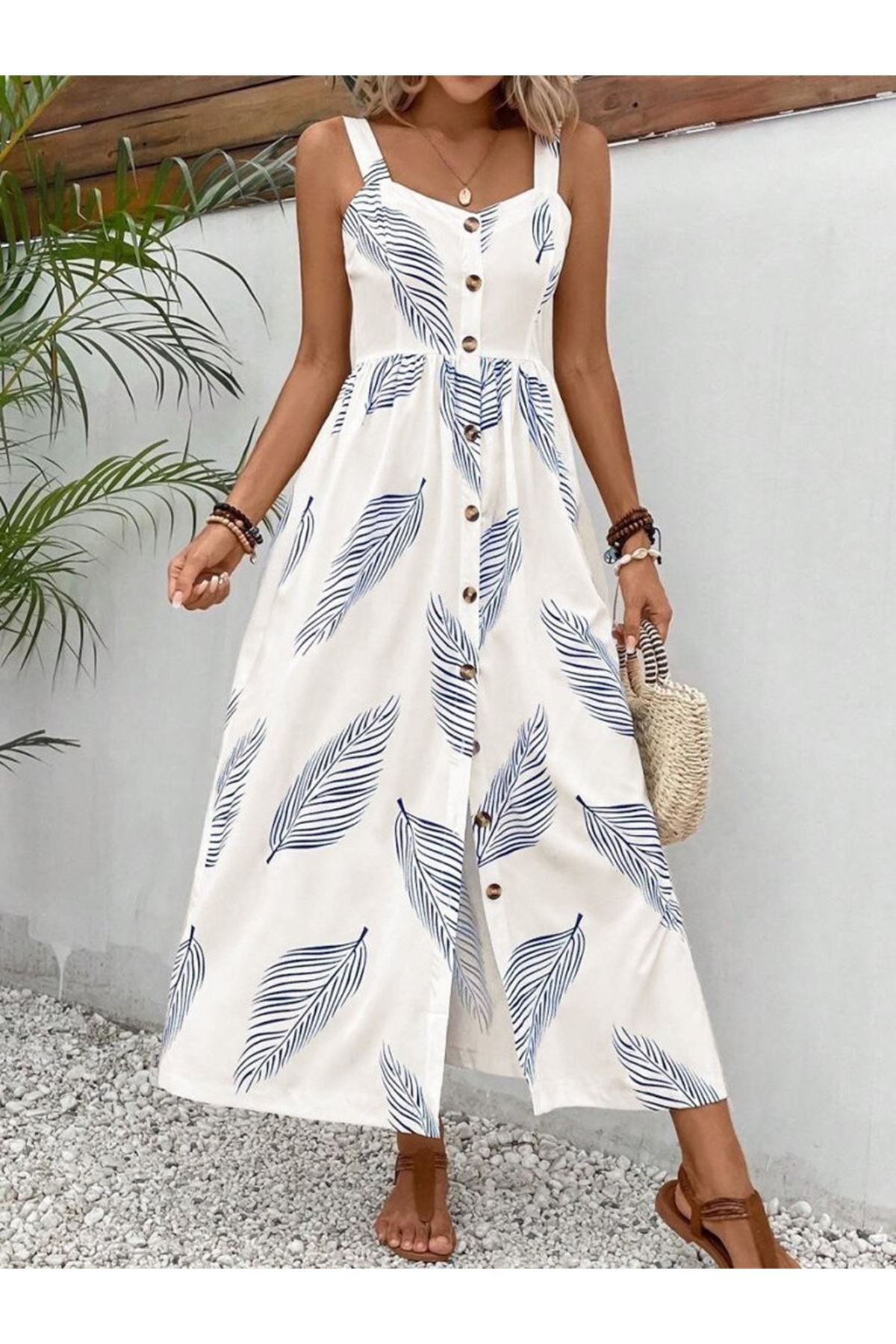 Kadın Askılı önden Düğmeli Yaprak Desenli Uzun Süprem Elbise