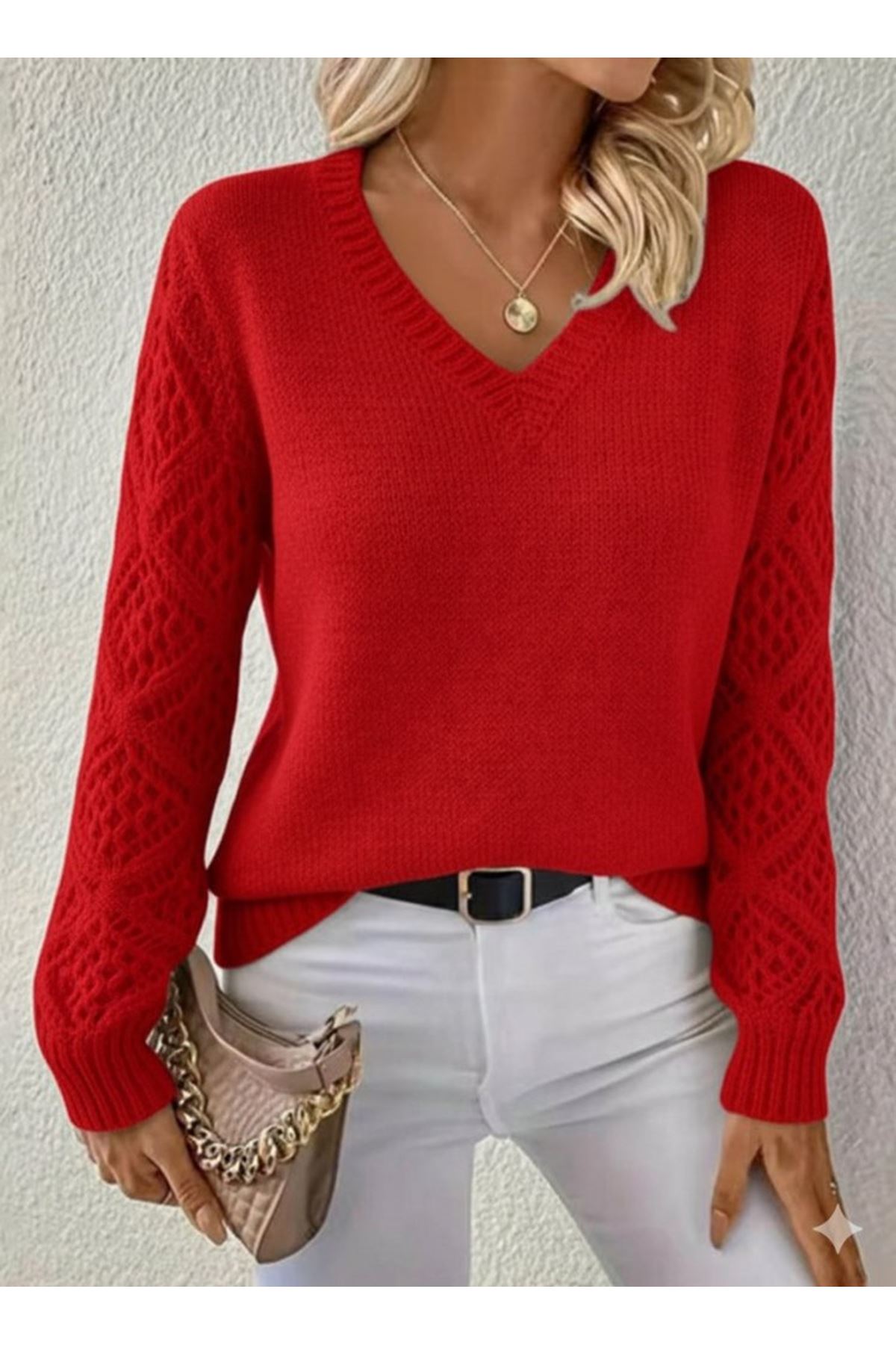 Kadın Uzun Kollu V Yaka Kol Delikli Baklava Desen Detaylı Triko Kazak