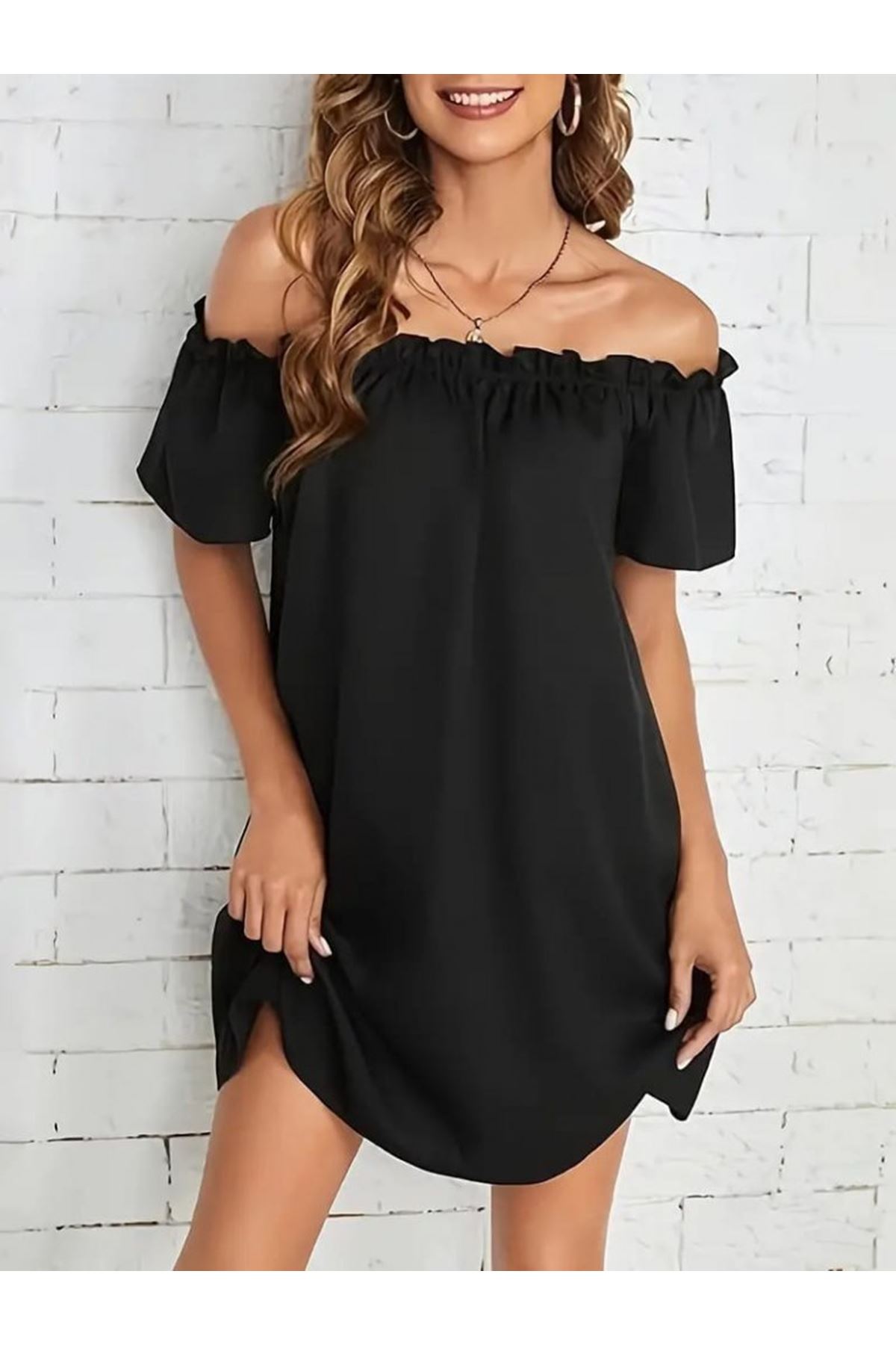 Kadın Kısa Kollu Fırfır Detay Madonna Yaka Mini Ithal Krep Elbise