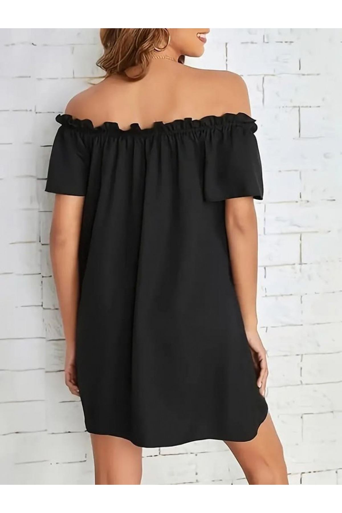 Kadın Kısa Kollu Fırfır Detay Madonna Yaka Mini Ithal Krep Elbise