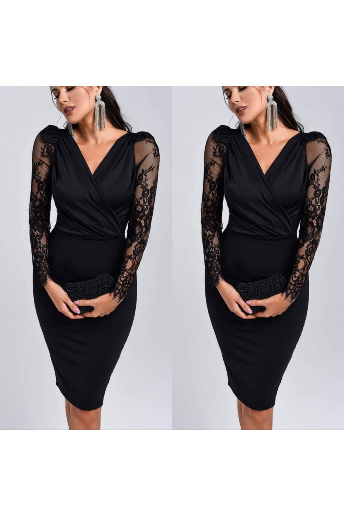 Kadın Uzun Kollu Kruvaze Yaka Kollar Tül Detay Krep Mini Boy Elbise