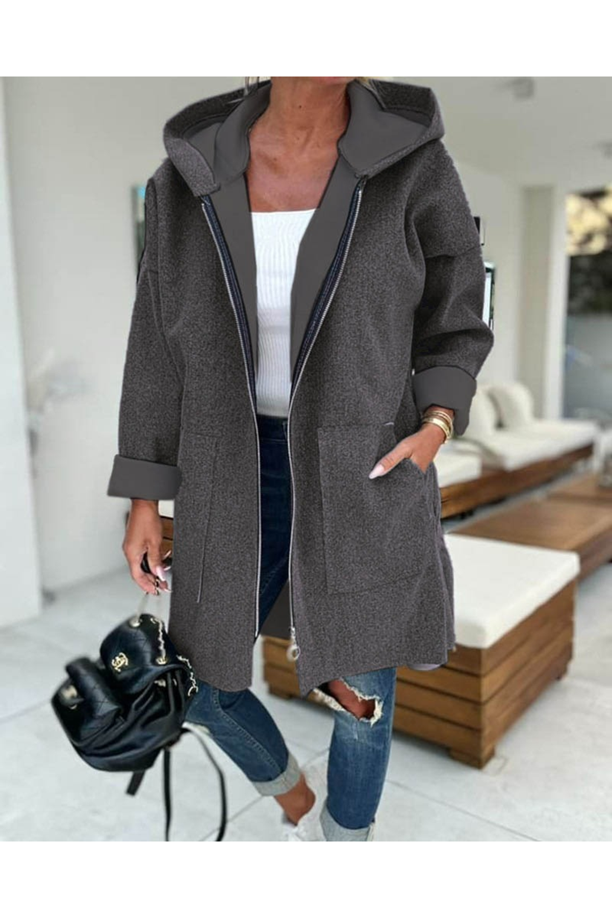 Kadın Uzun Kollu Kapşonlu Fermuar Detaylı Cepli Uzun üç Iplik Ceket