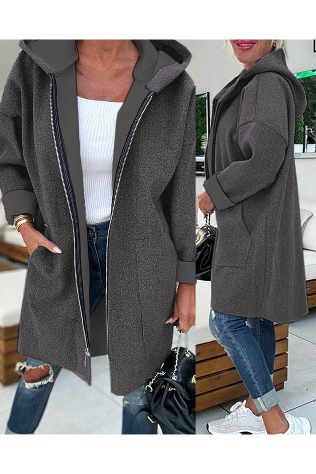 Kadın Uzun Kollu Kapşonlu Fermuar Detaylı Cepli Uzun üç Iplik Ceket