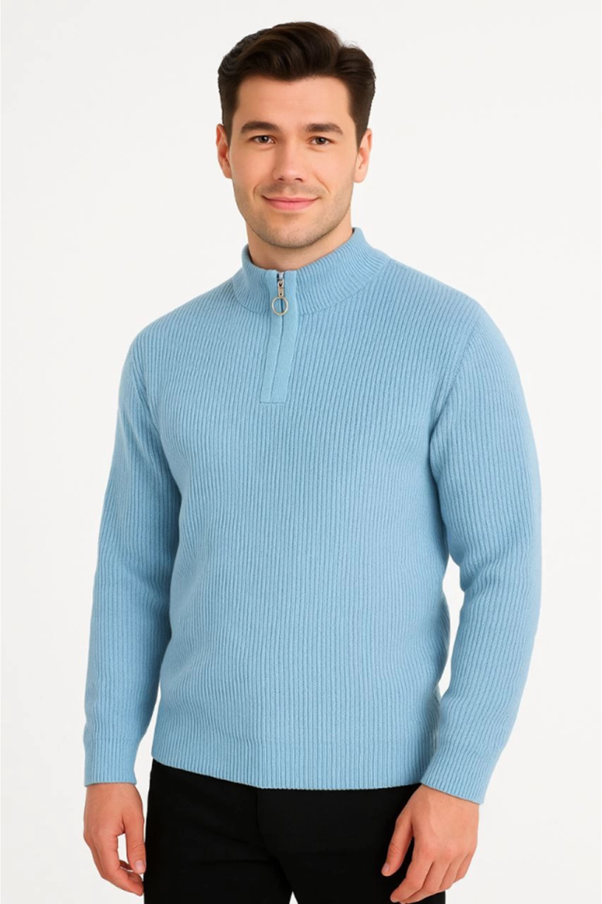 Erkek Yarım Fermuarlı Triko Kazak – Selanik Örgü, Dik Yaka, Pamuklu Dokuma, Regular Fit Uzun Kollu Kışlık Model - Bebe Mavisi